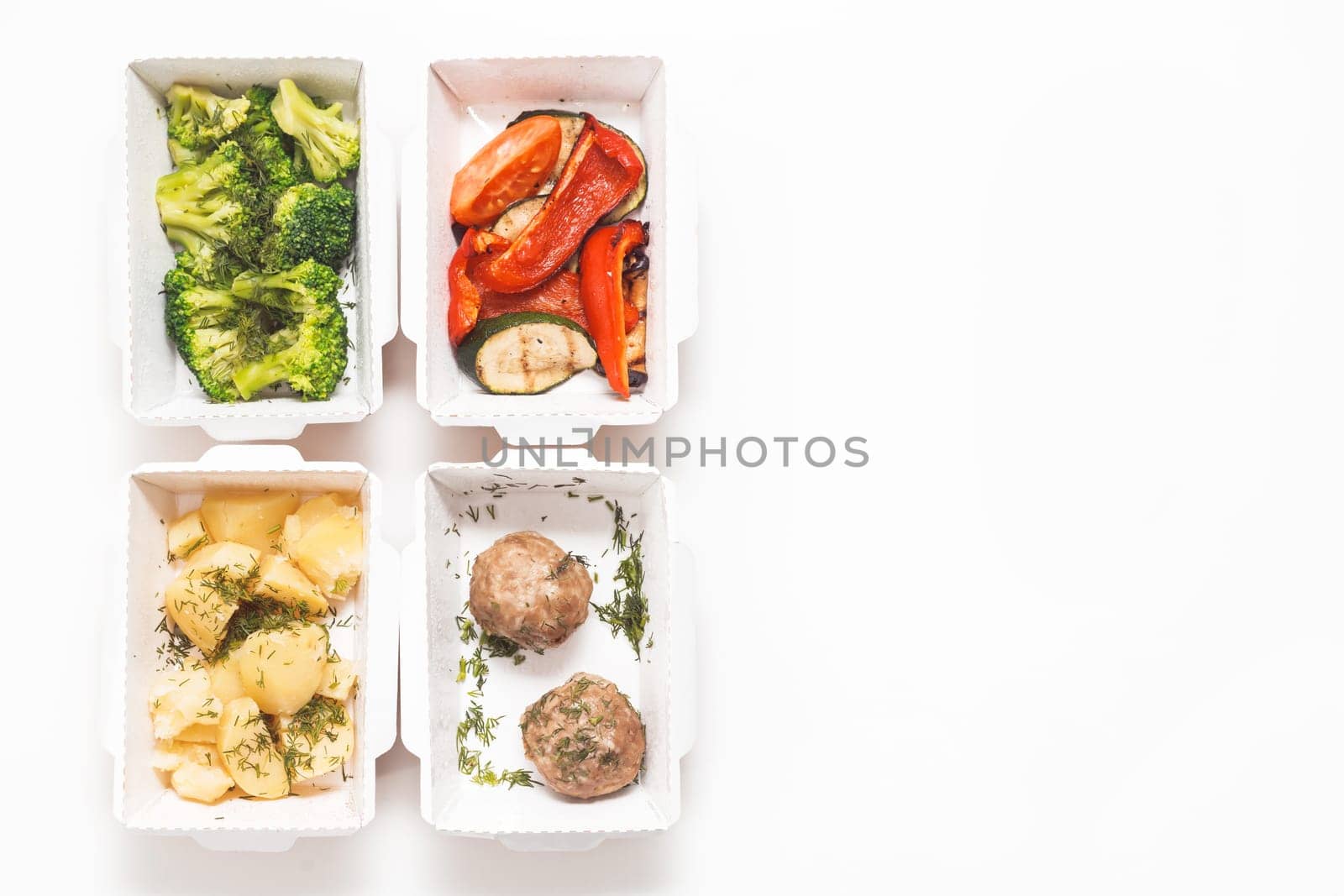 Daily food ration in containers. Delivery from restaurant, set of healthy food and balanced diet. Top view, flat lay