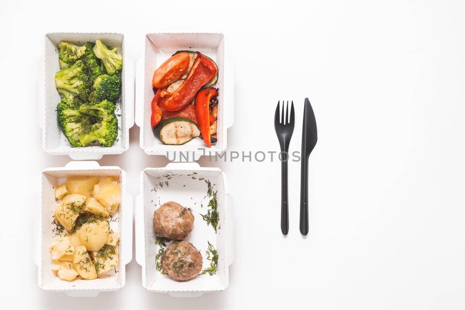 Daily food ration in containers. Delivery from restaurant, set of healthy food and balanced diet. Top view, flat lay