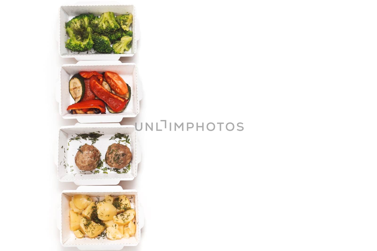 Daily food ration in containers. Delivery from restaurant, set of healthy food and balanced diet. Top view, flat lay