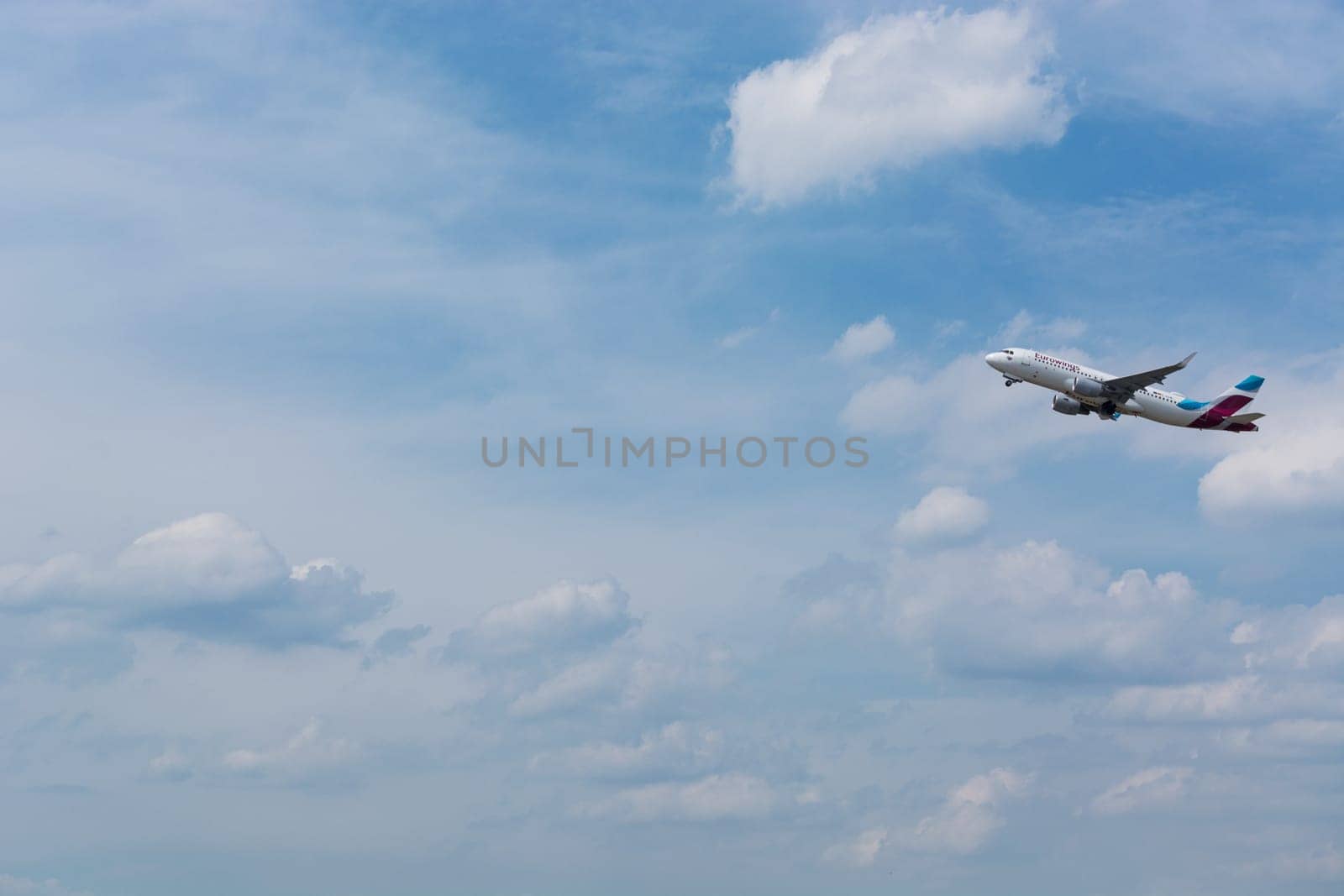DUSSELDORF, NRW, GERMANY - JUNE 18, 2019:.Eurowing plane takes off from Dusseldorf International Airport.