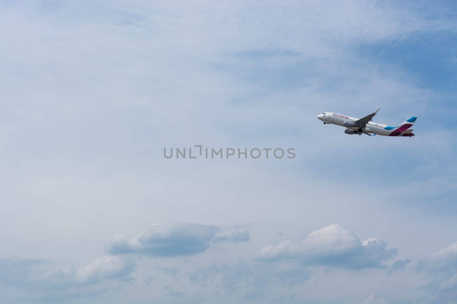 DUSSELDORF, NRW, GERMANY - JUNE 18, 2019:.Eurowing plane takes off from Dusseldorf International Airport.