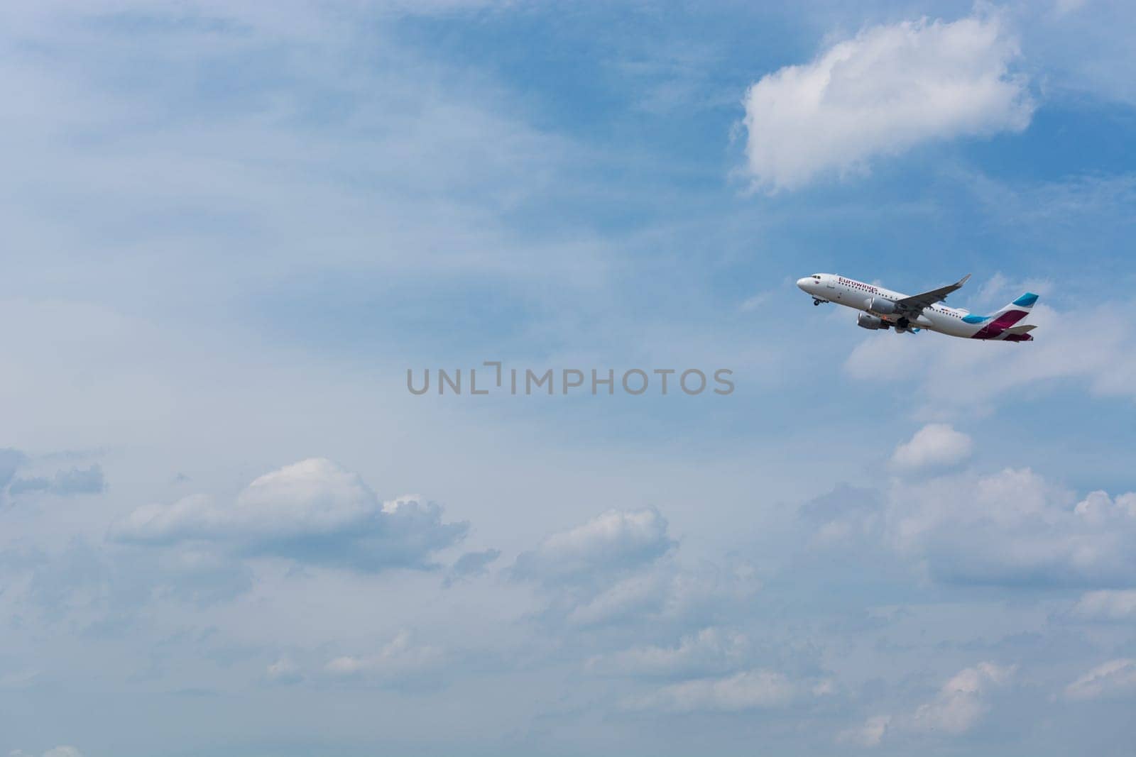 DUSSELDORF, NRW, GERMANY - JUNE 18, 2019:.Eurowing plane takes off from Dusseldorf International Airport.