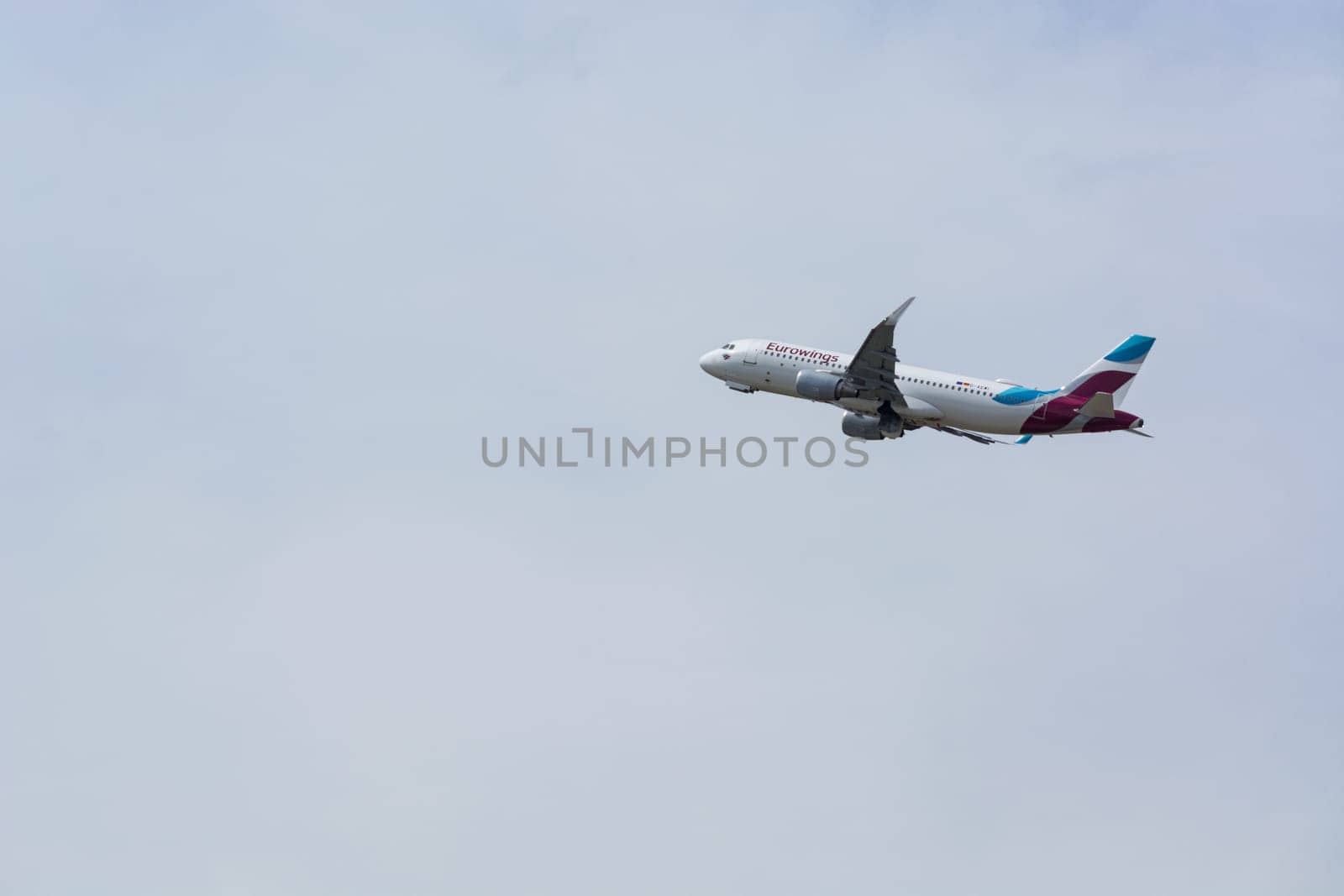 DUSSELDORF, NRW, GERMANY - JUNE 18, 2019:.Eurowing plane takes off from Dusseldorf International Airport.
