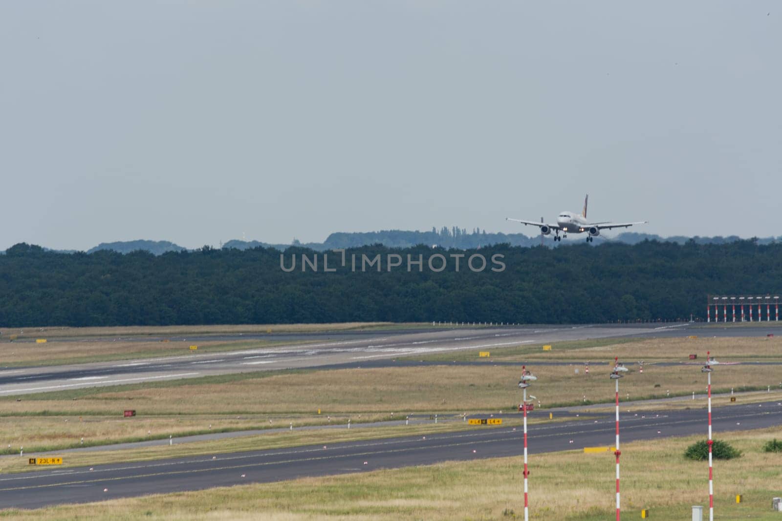 DUESSELDORF, NRW, GERMANY - JUNE 18, 2019:.Eurowing plane lands at Dusseldorf International Airport.