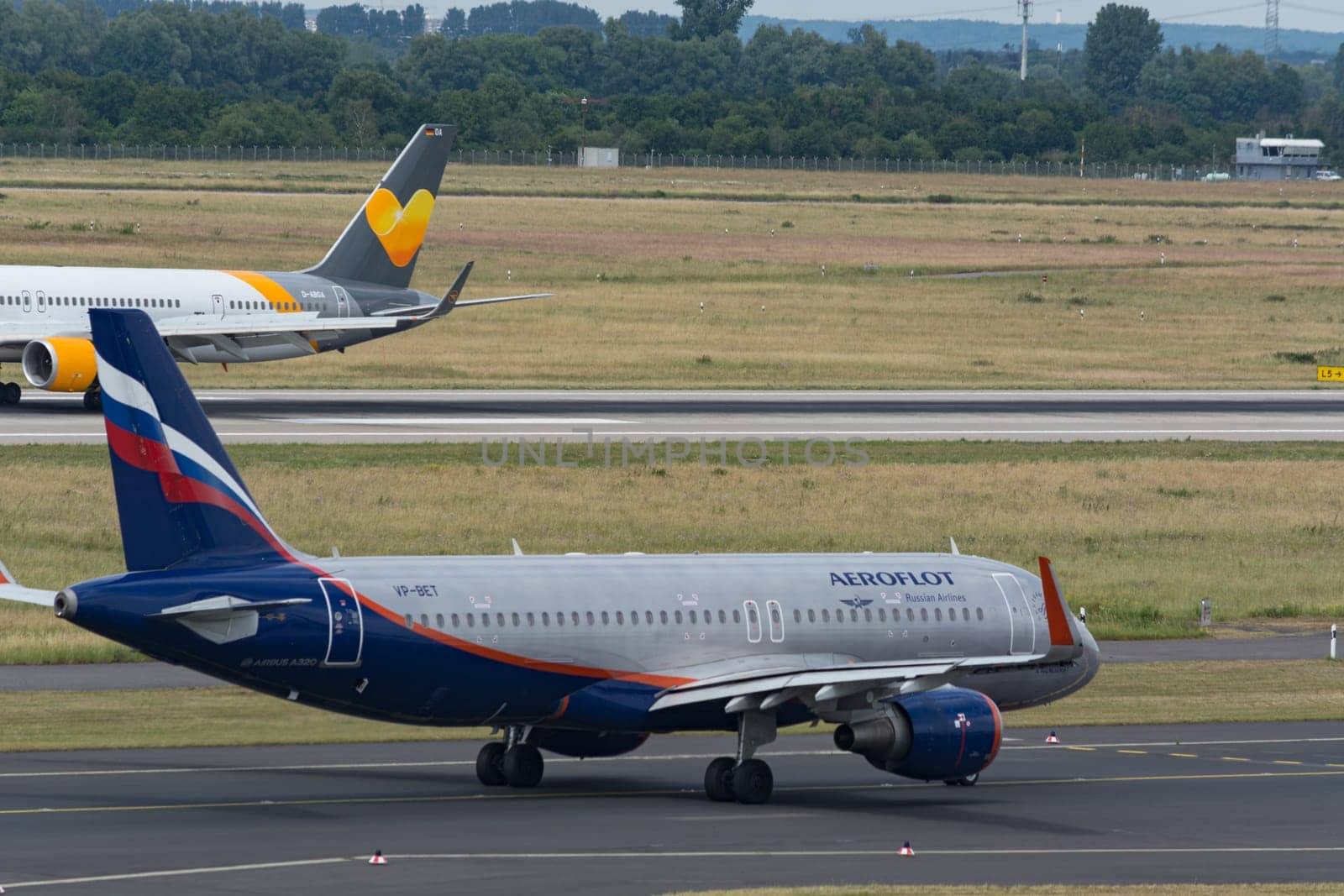 DuSSELDORF, NRW, GERMANY - JUNE 18, 2019:.Aeroflot airplane and Condor at Dusseldorf International Airport.