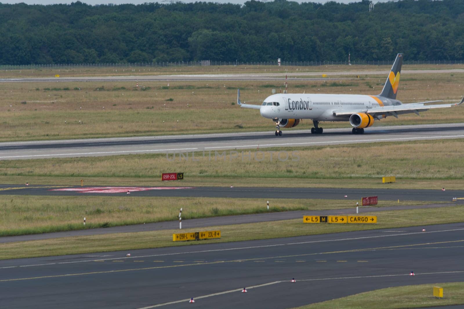 DUESSELDORF, NRW, GERMANY - JUNE 18, 2019:.Condor airplane at Dusseldorf International Airport.