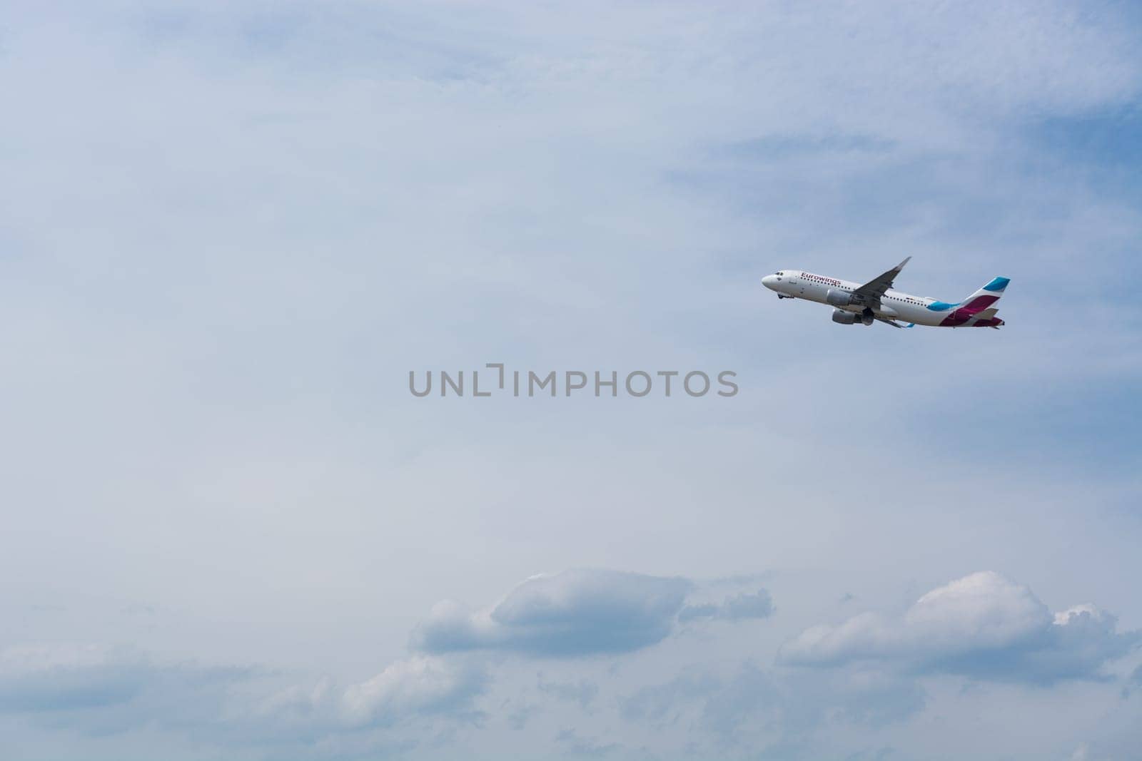 DUSSELDORF, NRW, GERMANY - JUNE 18, 2019:.Eurowing plane takes off from Dusseldorf International Airport.