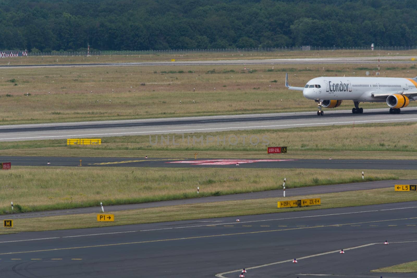 DUESSELDORF, NRW, GERMANY - JUNE 18, 2019:.Condor airplane at Dusseldorf International Airport.