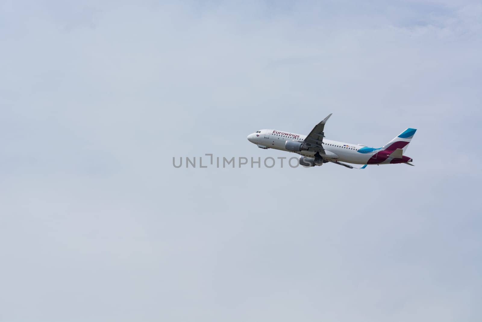 DUSSELDORF, NRW, GERMANY - JUNE 18, 2019:.Eurowing plane takes off from Dusseldorf International Airport.