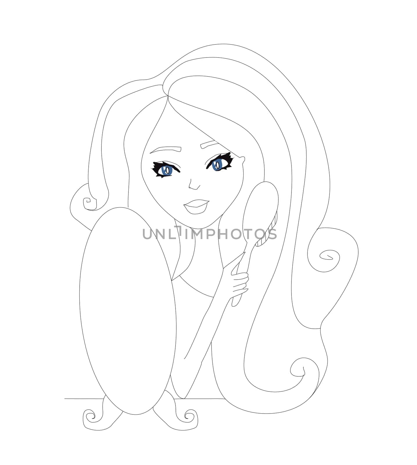 beautiful girl brushing her hair  - doodle illustration