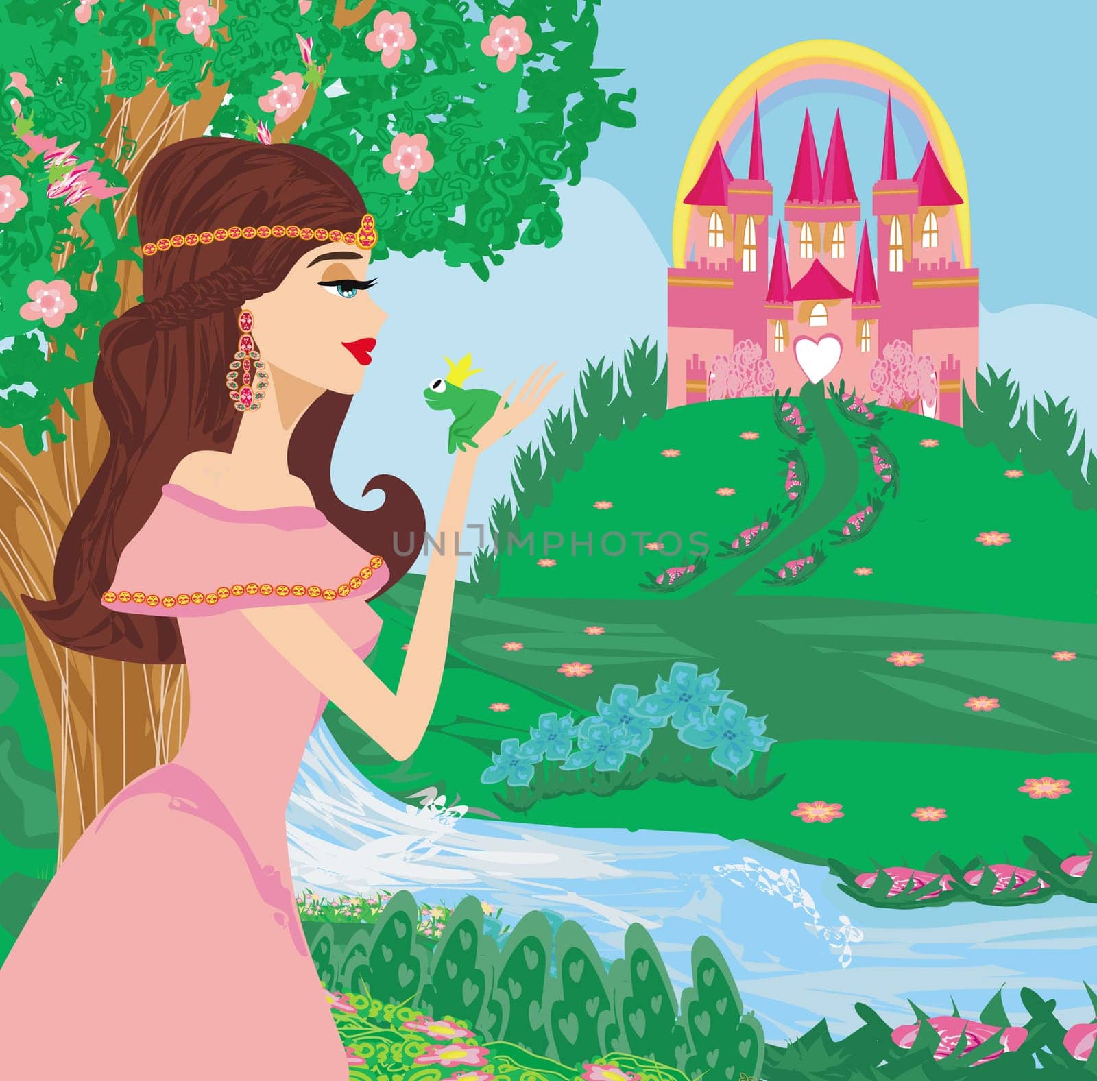 Beautiful young princess holding a big frog