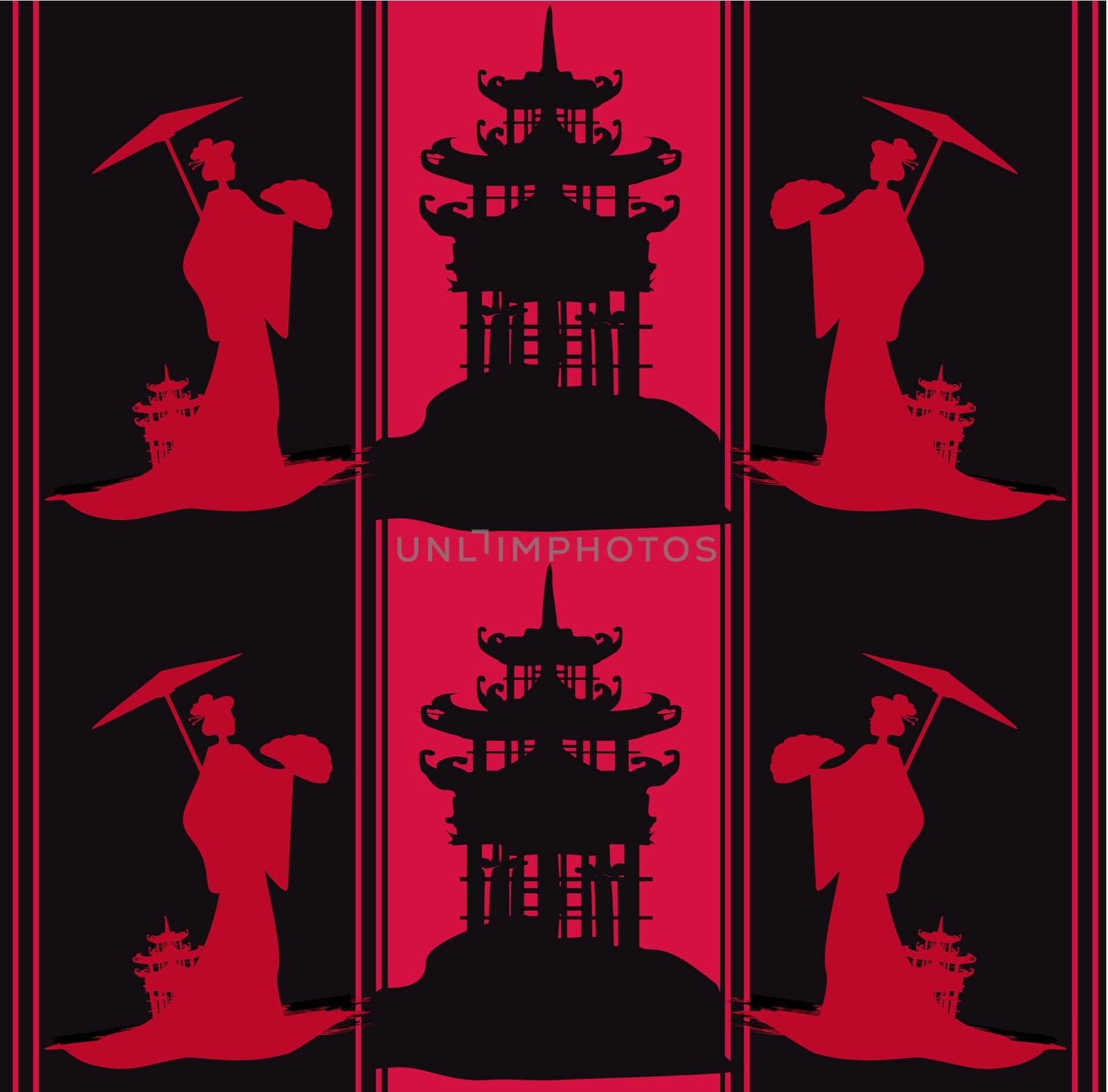pattern with geisha and traditional asian building
