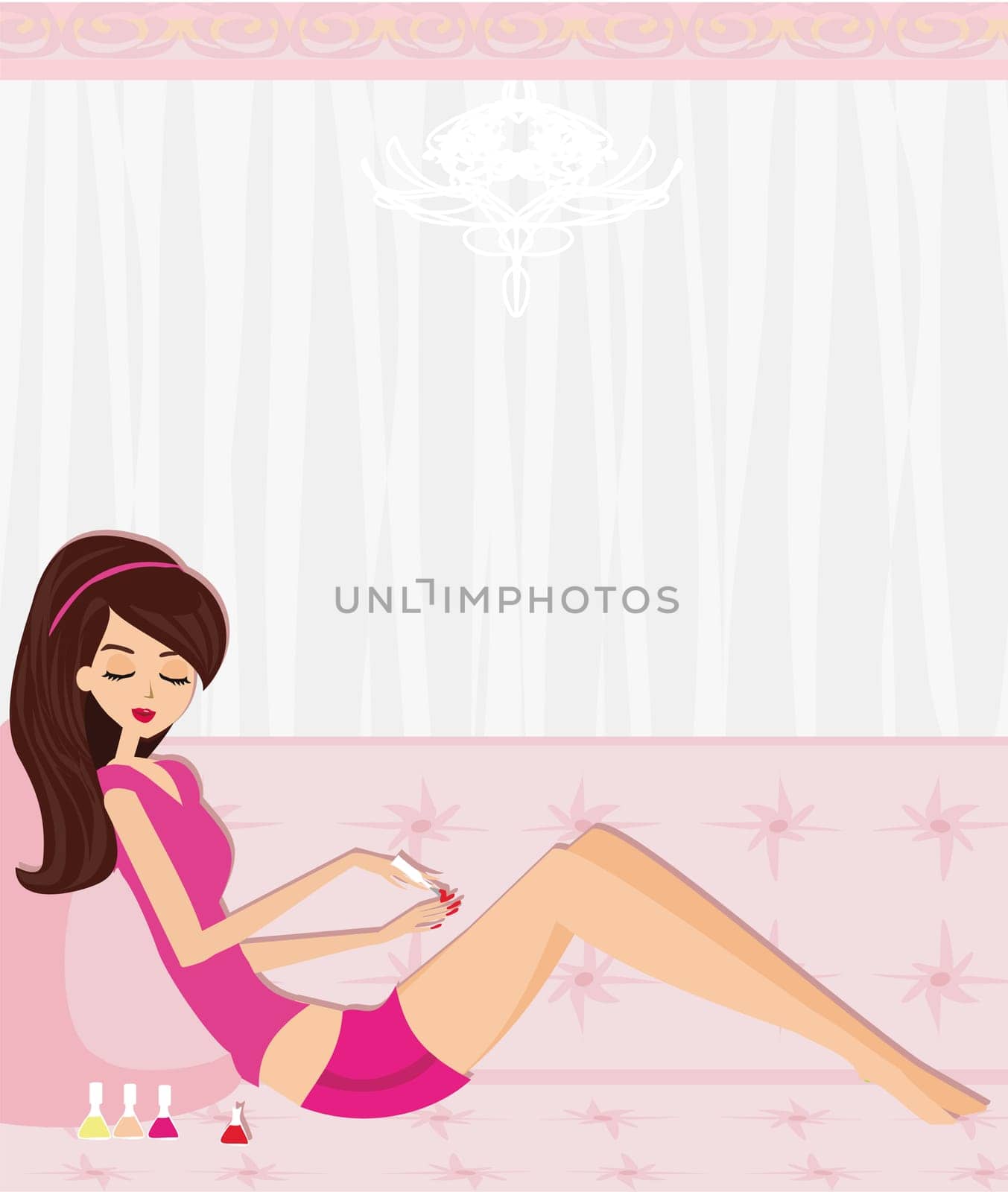 girl painting nails on the sofa