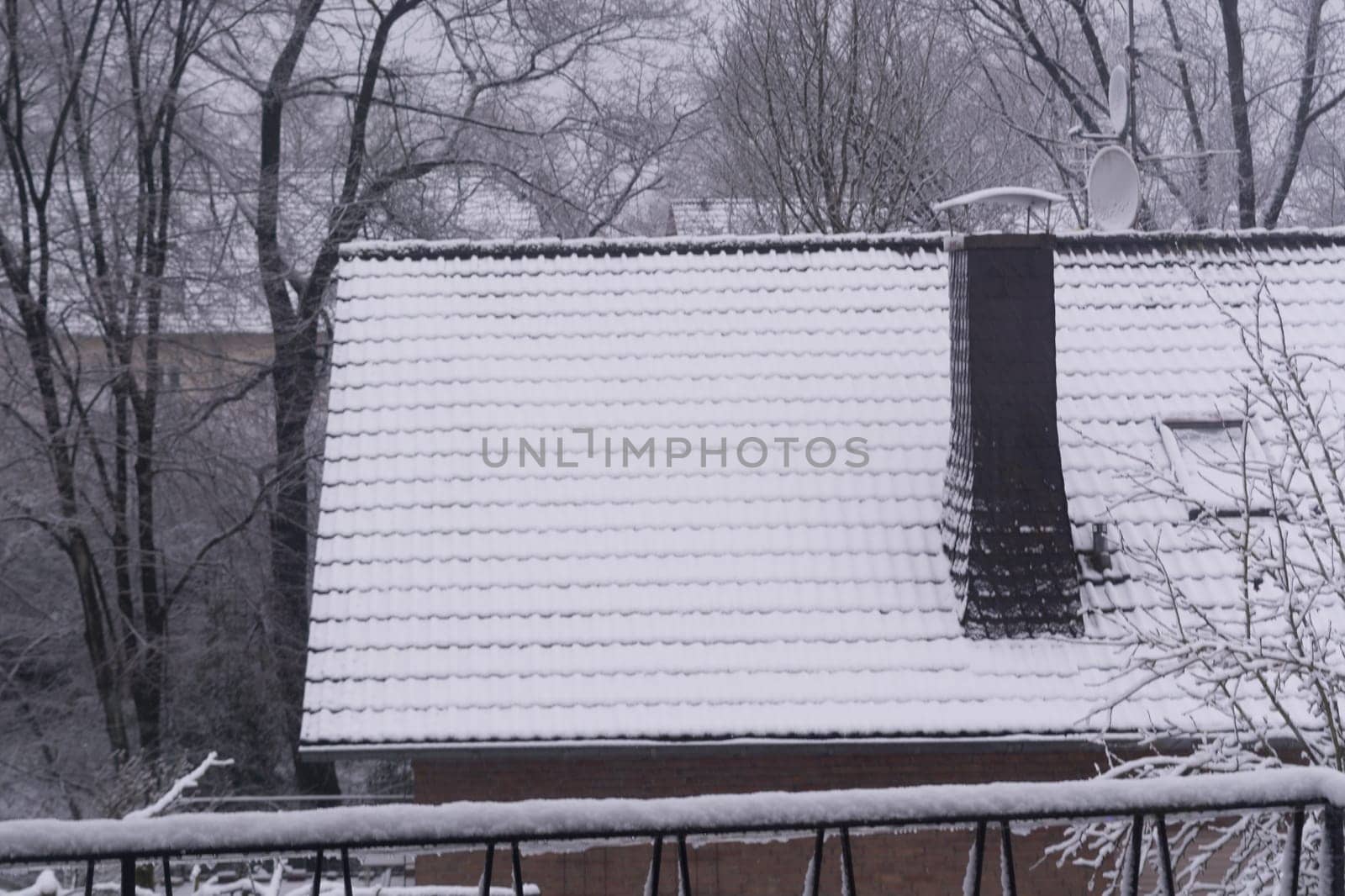 Snow covered roof and cloudy sky.