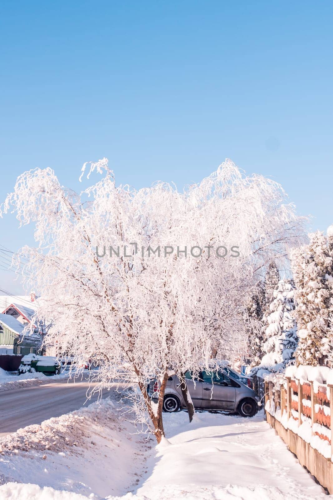 Small streets in town covered in snow