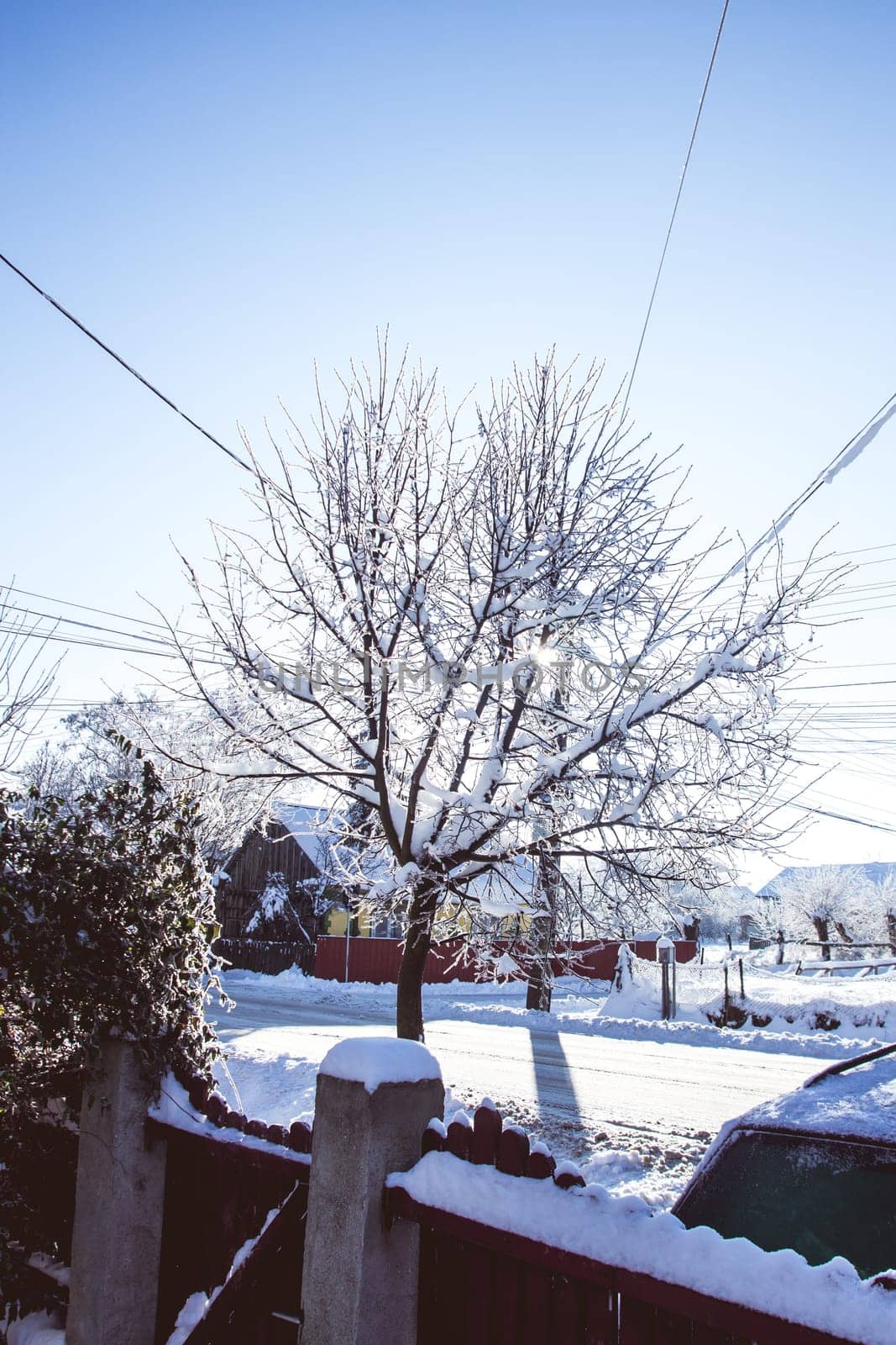 Small streets in town covered in snow