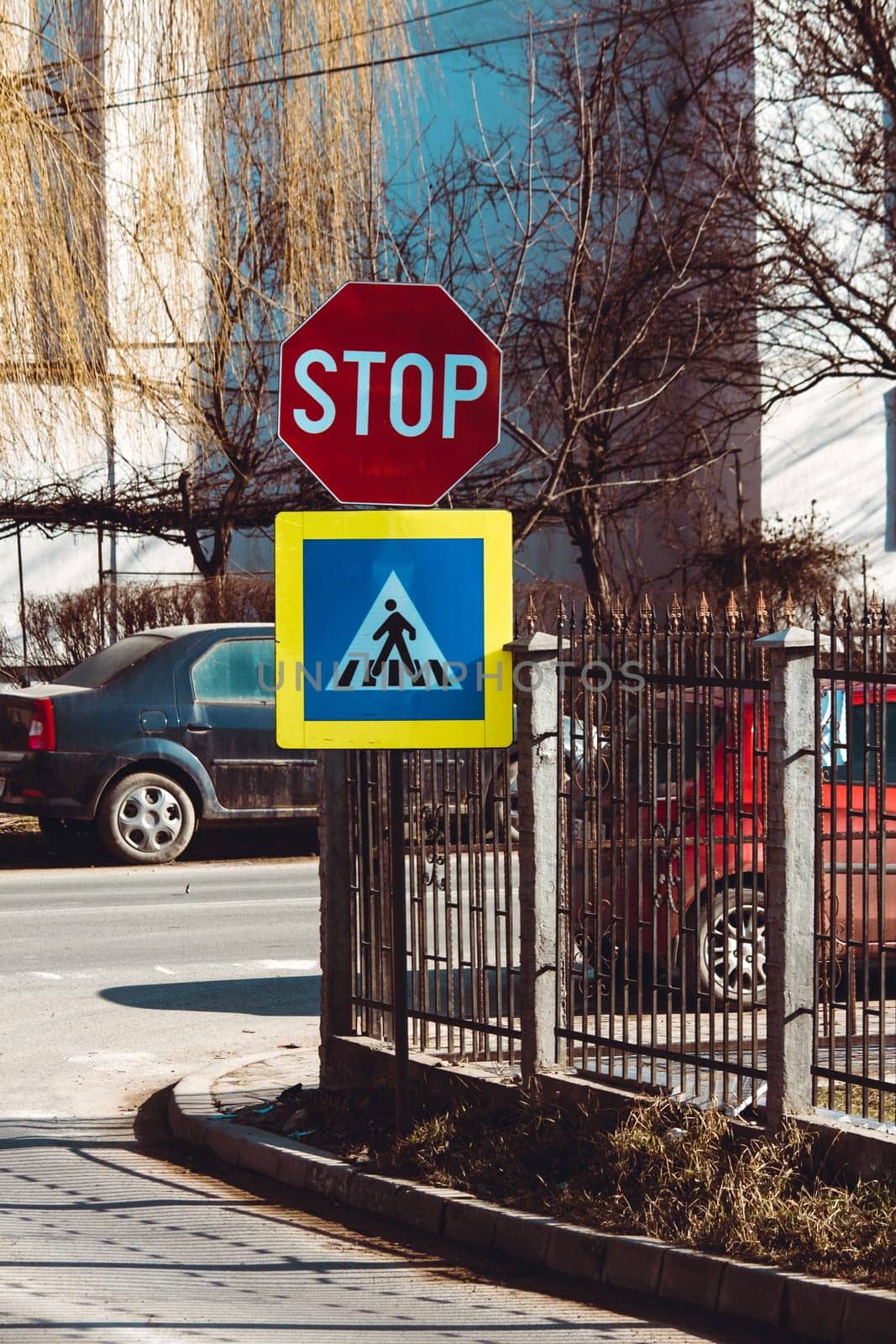 Traffic signs in Romania. Sunny day. Close up