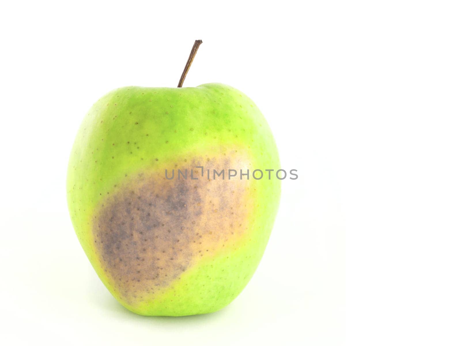 Rotten green apple on a white background.
