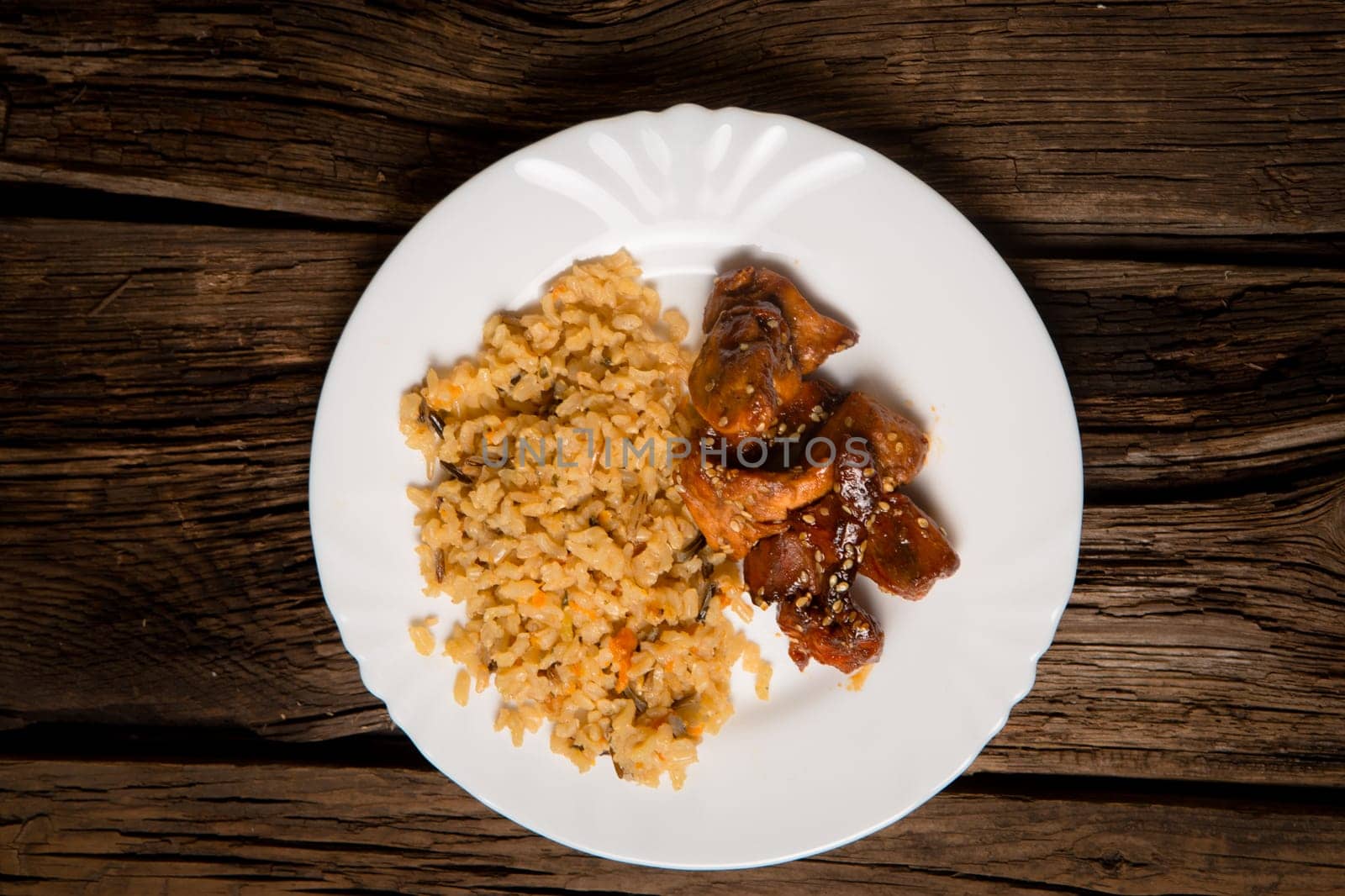 Delicious rice with chicken sauce, selective focus
