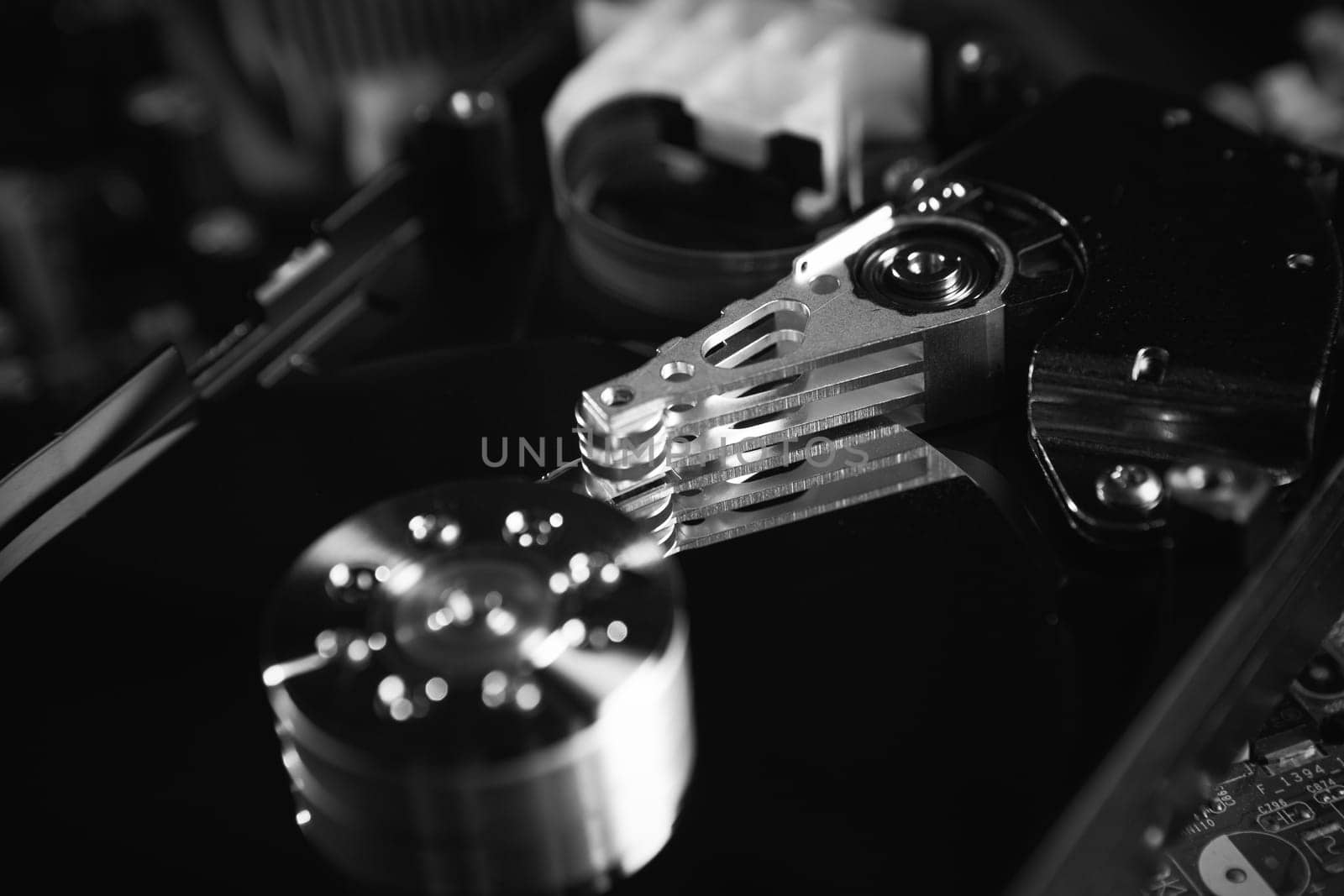 close up of hard disk with abstract reflection