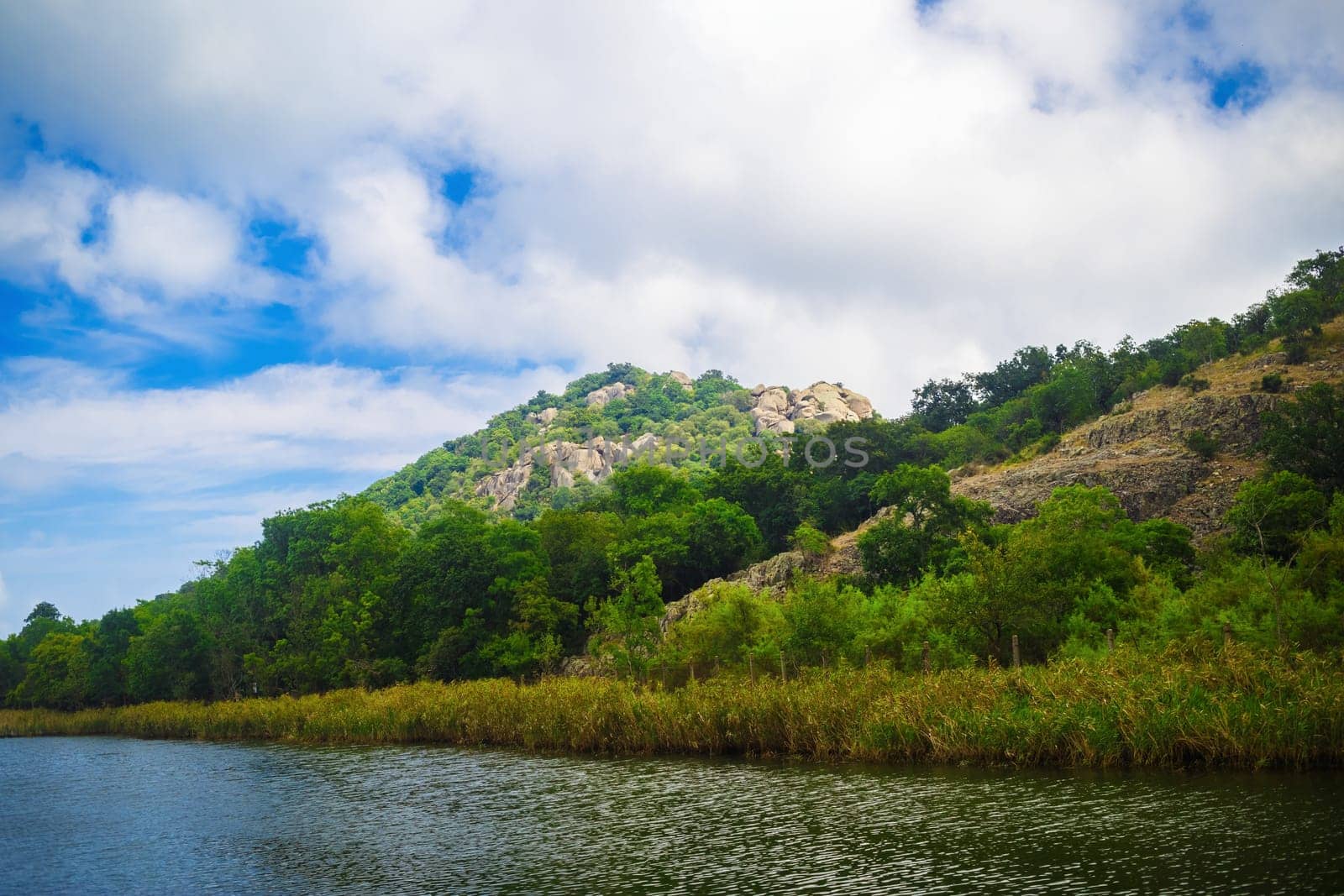 Picturesque summer landscape. Mountains, blue sky and river bank.