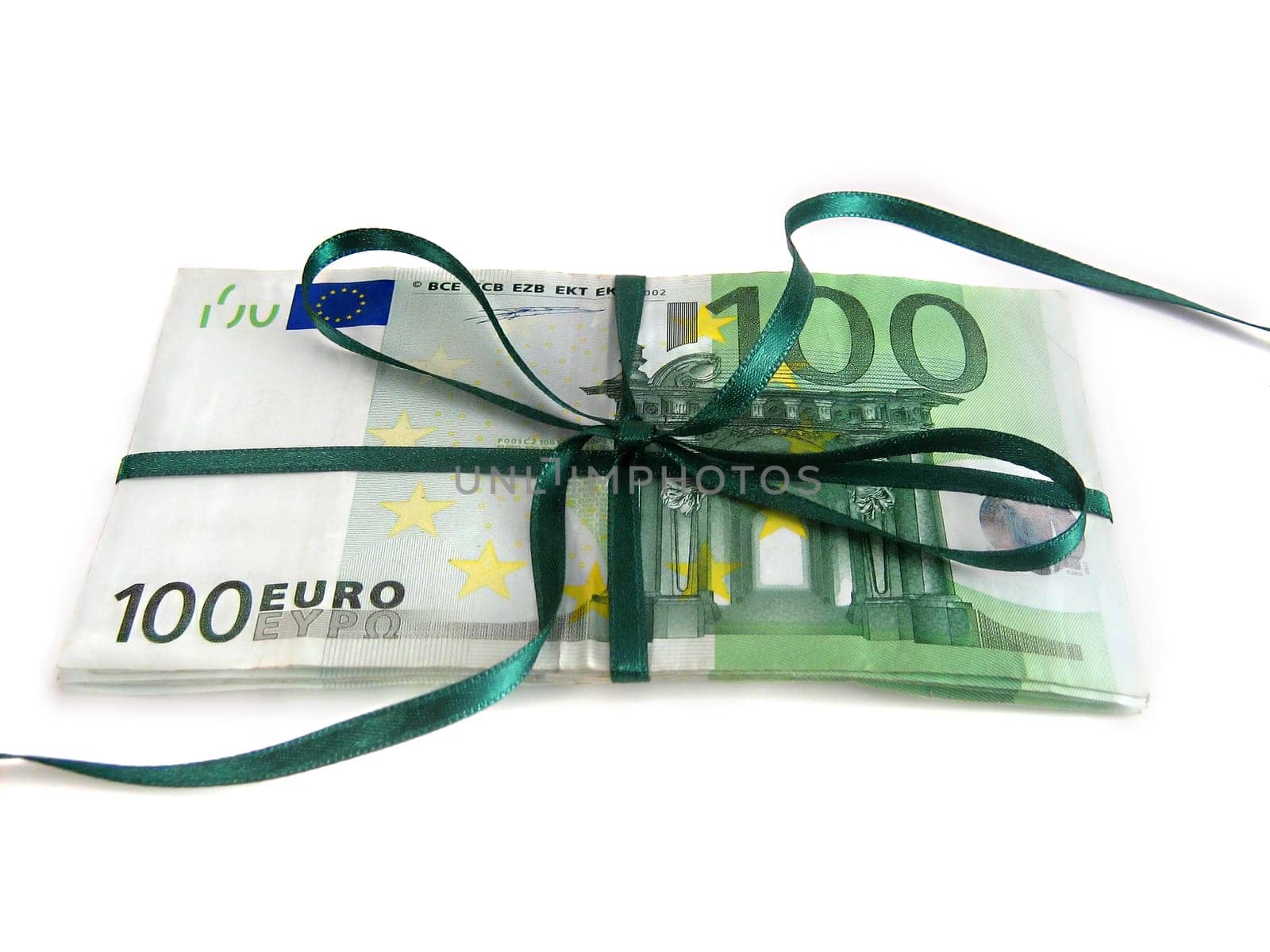 one hundred euro bills wrapped with a green ribbon