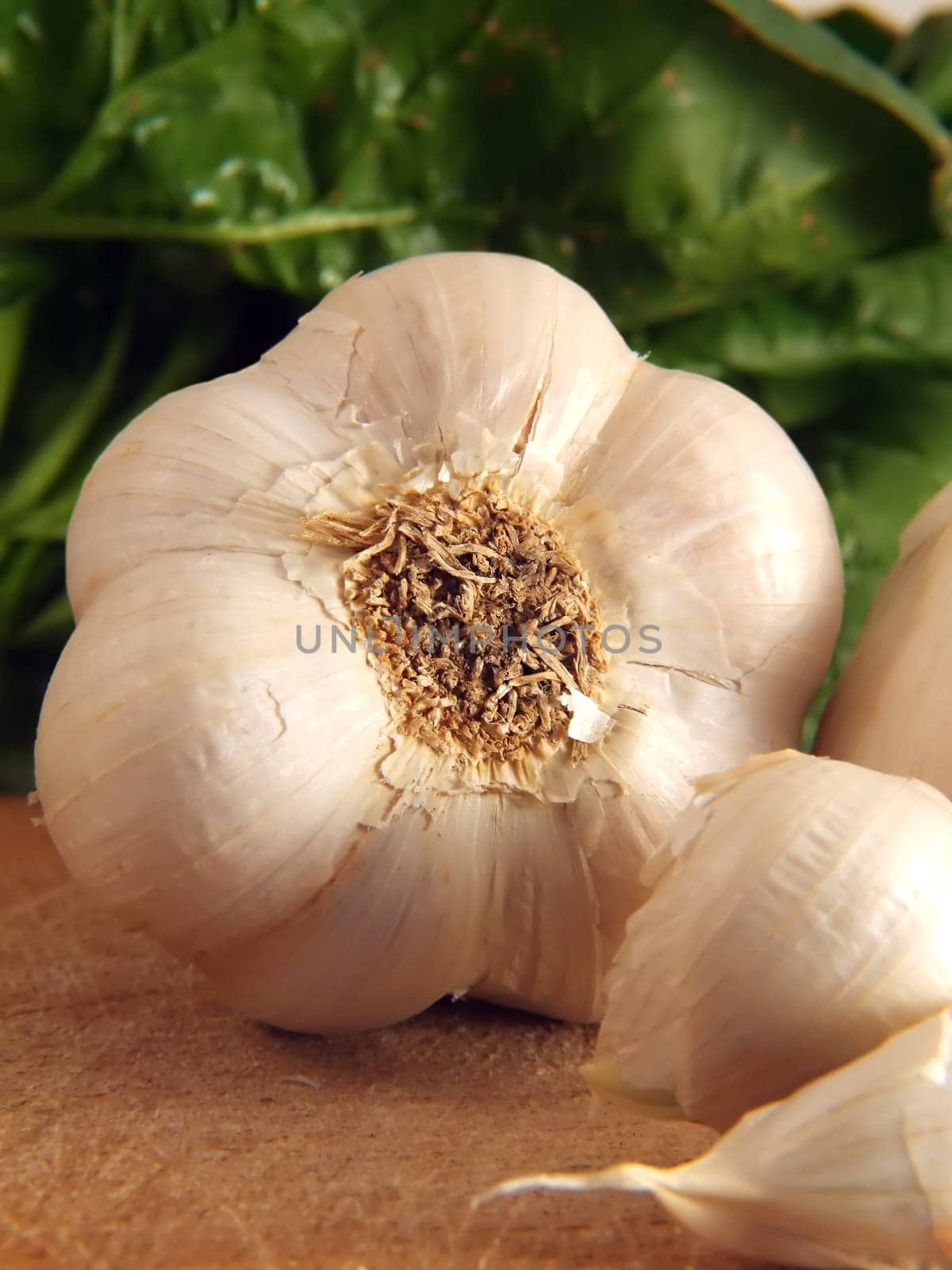 Garlic on wooden cutting board