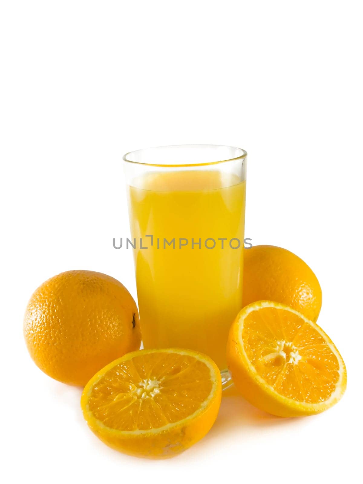 orange juice and few oranges isolated over white
