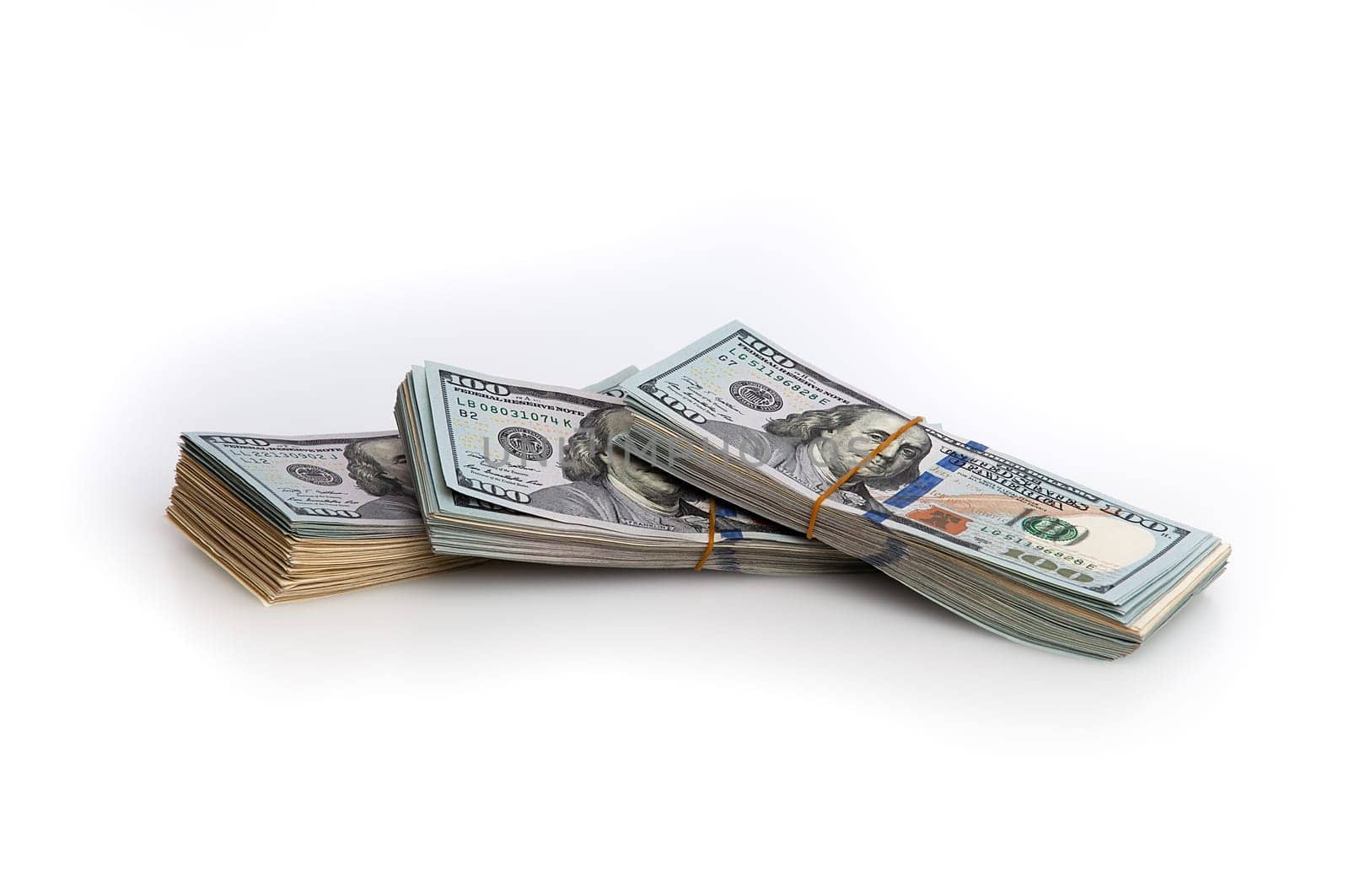 Bundles of packaged dollars on a white background. Place for logo, lettering, layout, mockup.