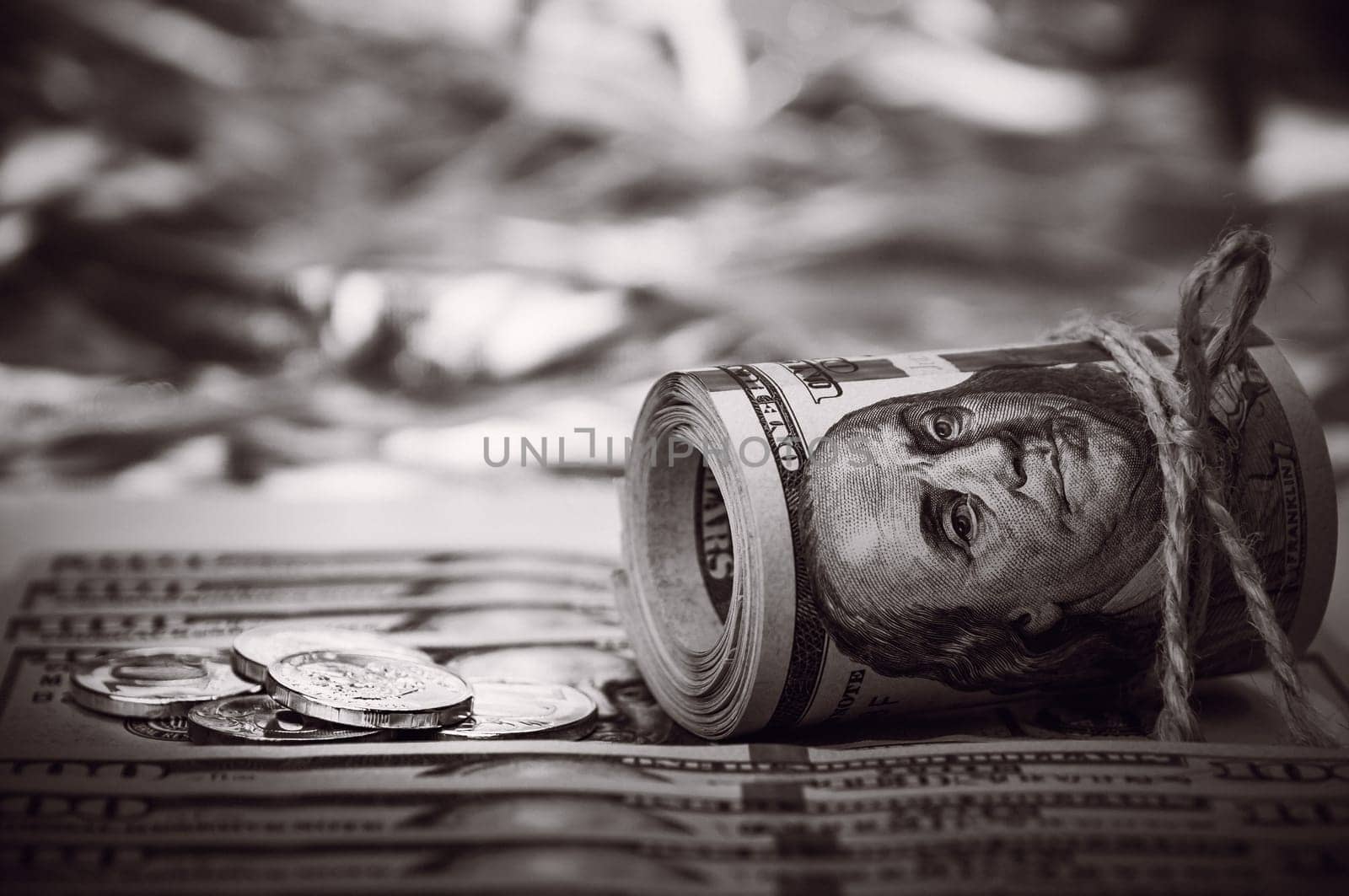 Stacks of coins against the background of hundred-dollar bills are scattered throughout the space. The coins are collected in two columns. The style is black and white.