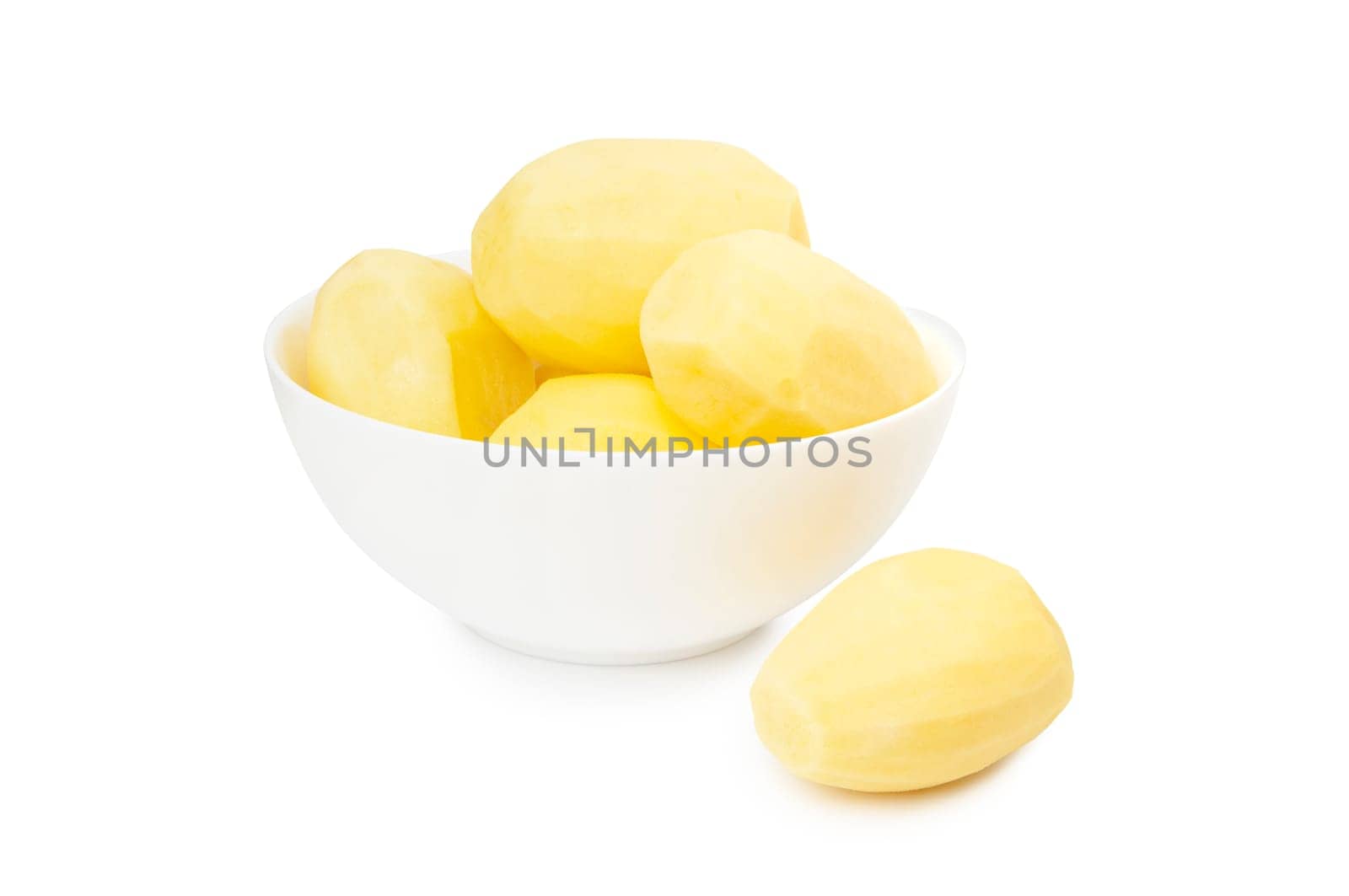 Peeled potatoes in a white bowl isolated on white background. With clipping path