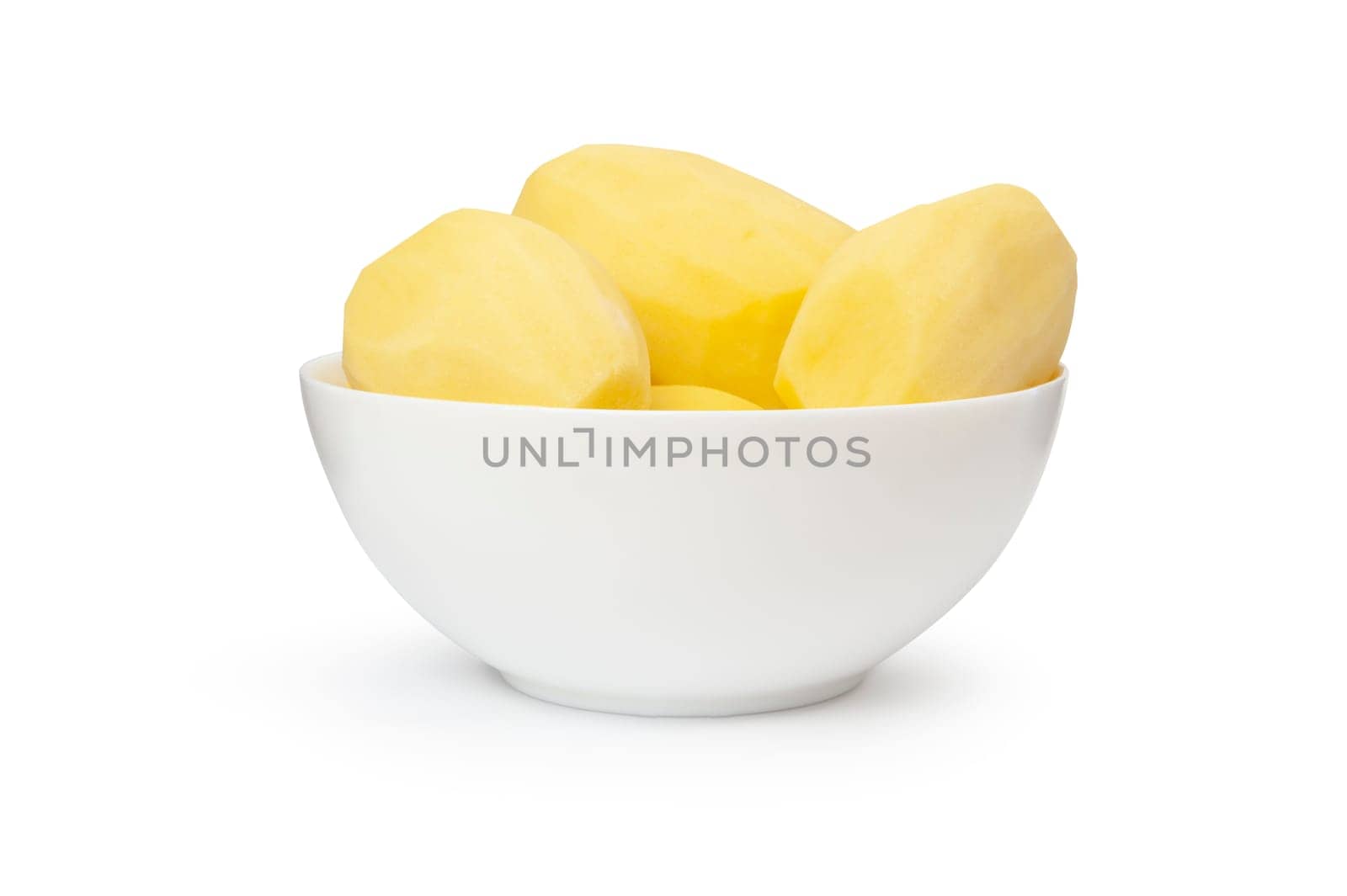 Peeled potatoes in a white bowl isolated on white background. With clipping path