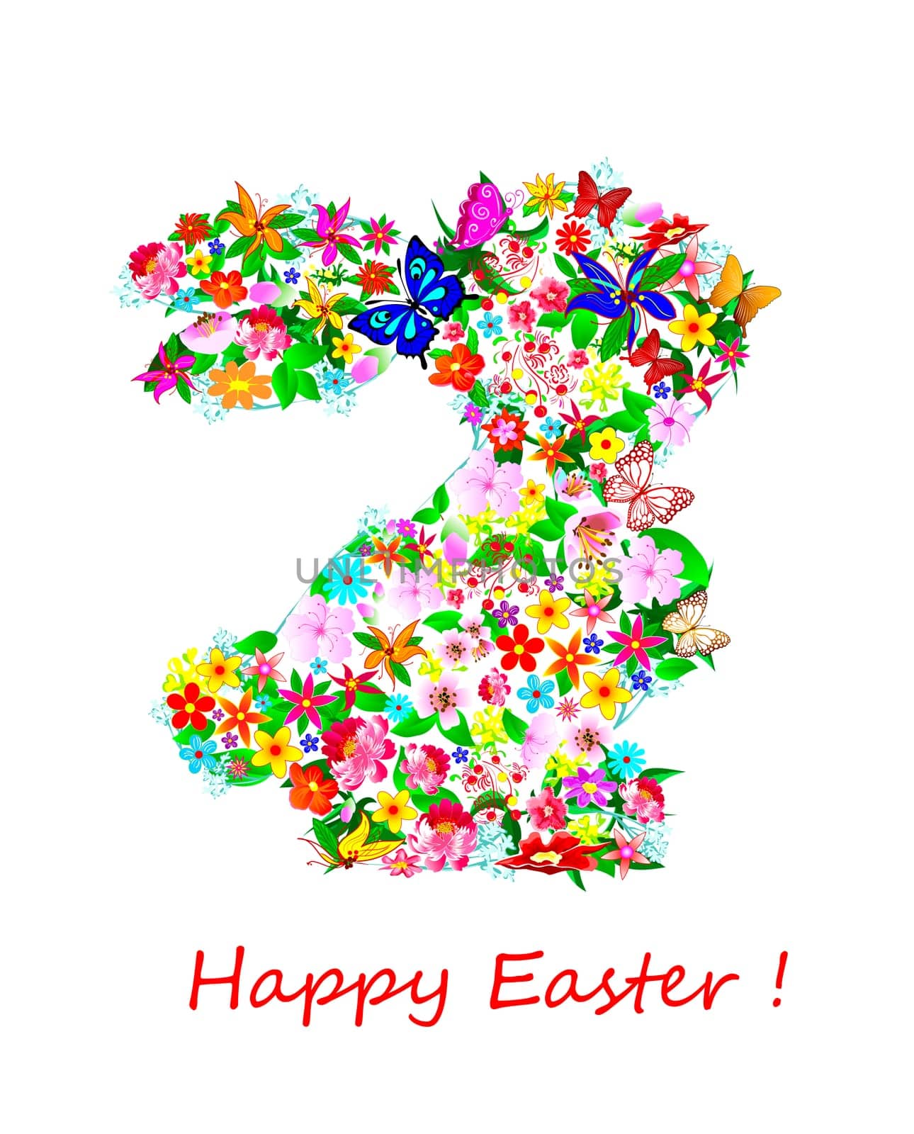 Cartoon Rabbit is decorated with flowers. The flowers are arranged in the shape of a rabbit. Easter, spring. Greeting card.