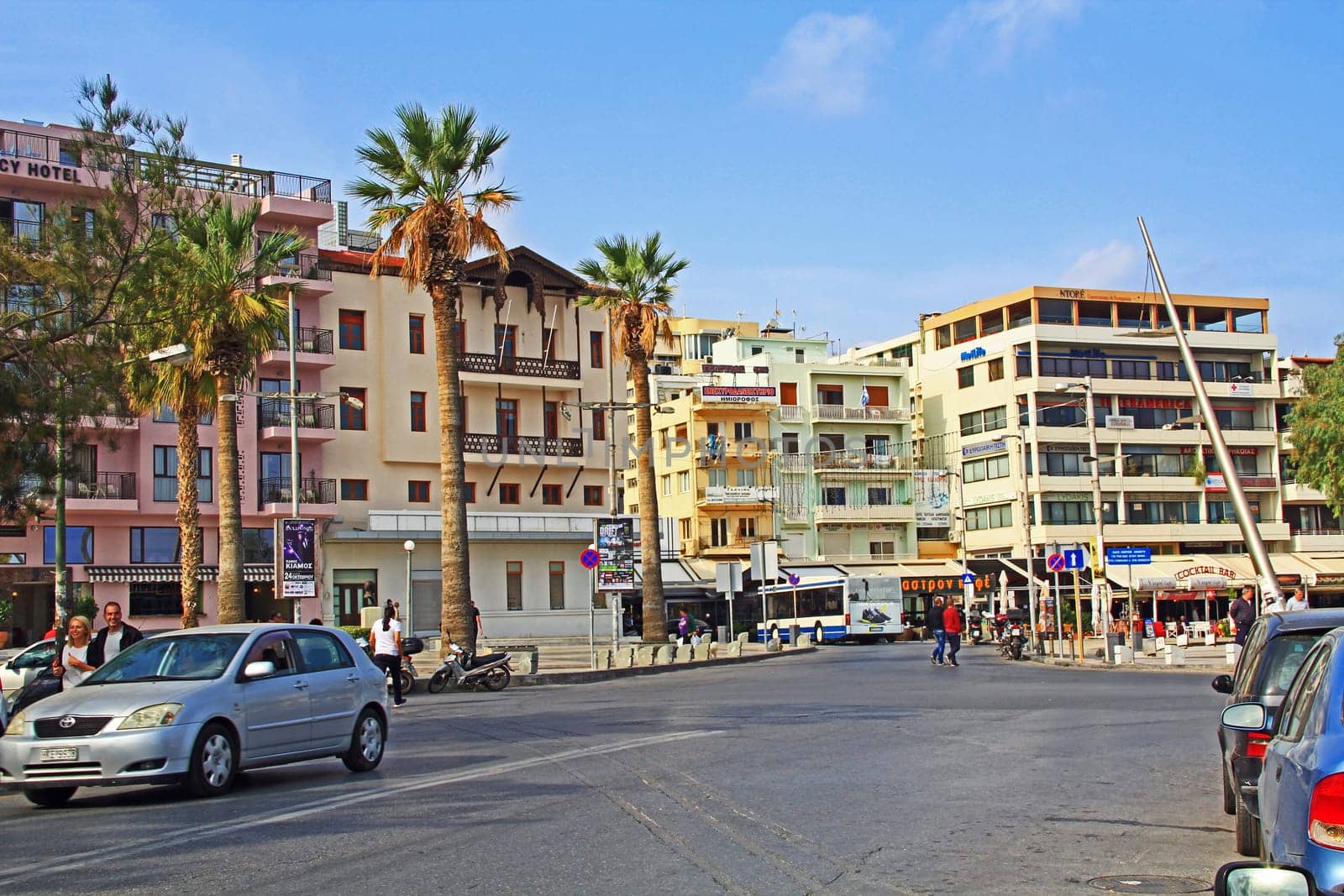 Heraklion, Crete, Greece – October 20, 2018:  City street in Heraklion, Crete, Greece with blue sky copy space.