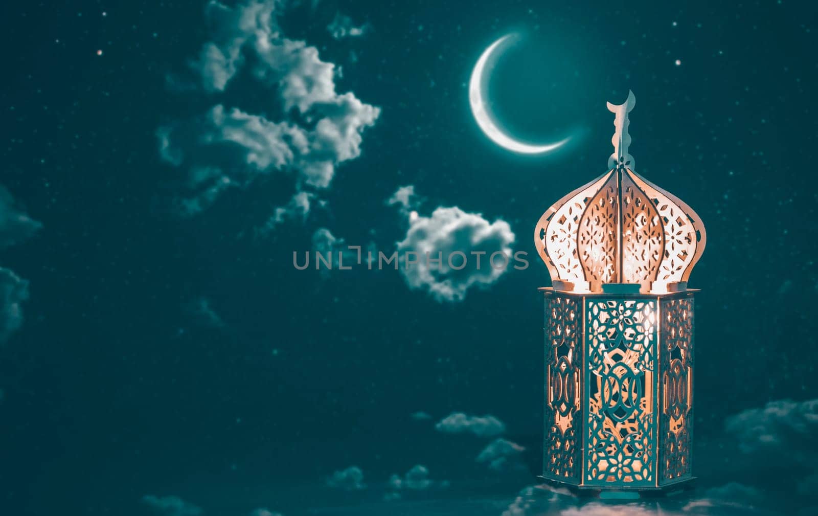 Ornamental Arabic lantern with crescent moon glowing at night. Festive greeting card for Muslim holy month Ramadan Kareem.