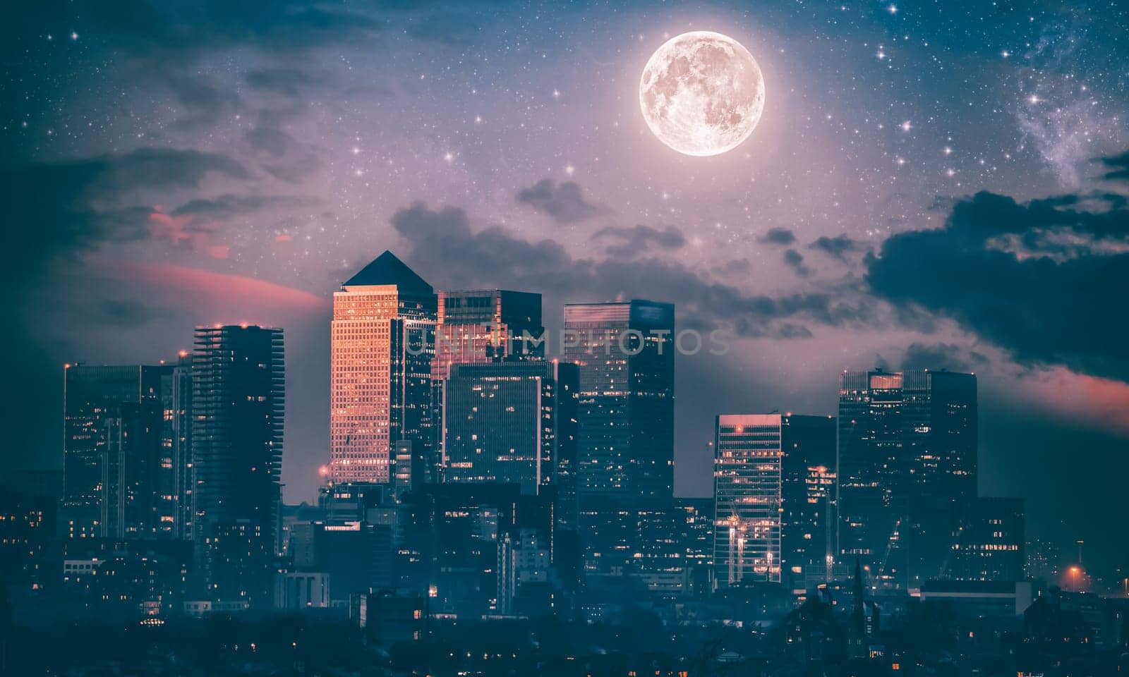 Financial Corporate building Skyscrapers center in London at night.