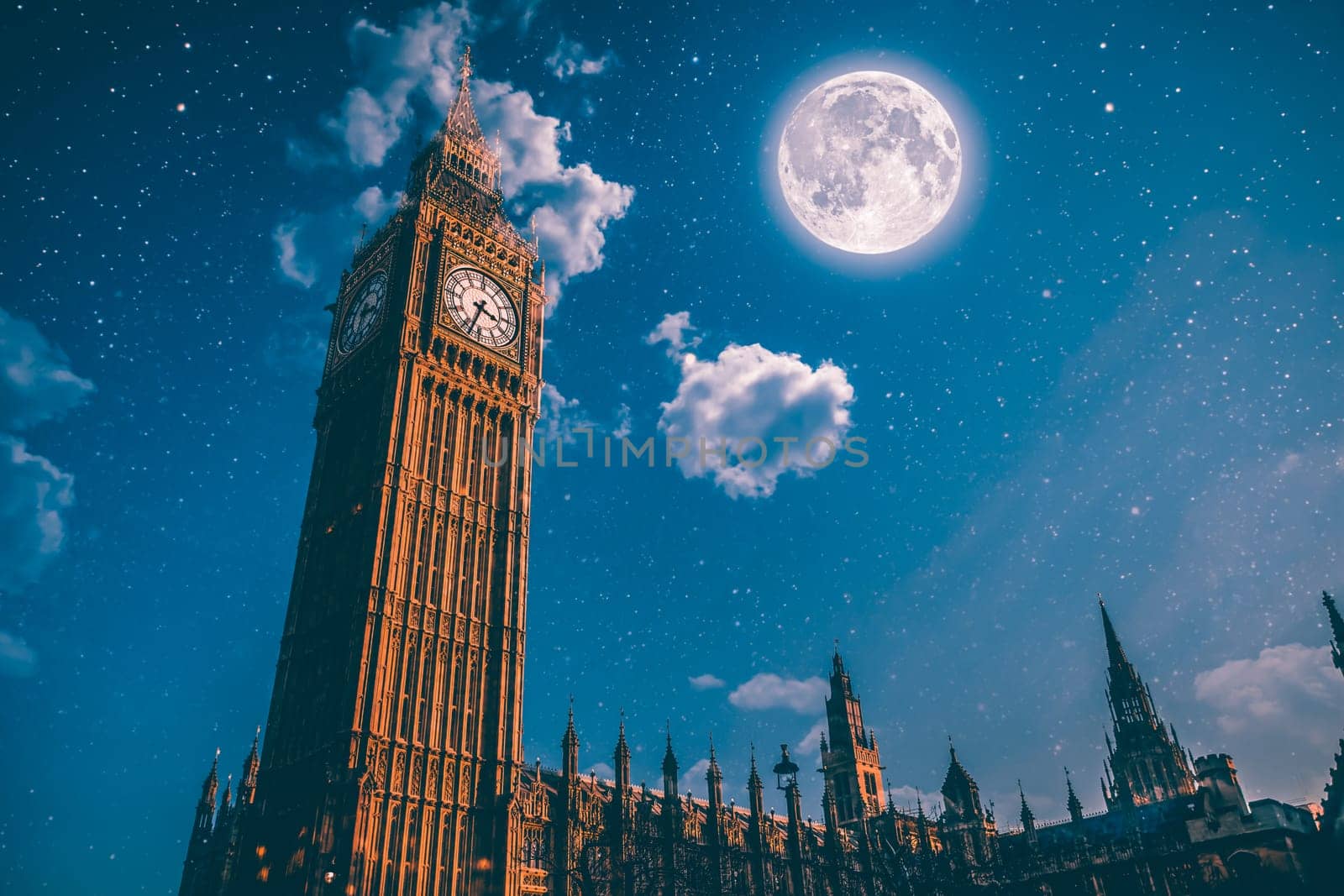 Close up of the clock face of Big Ben in Westminster at night, London, UK