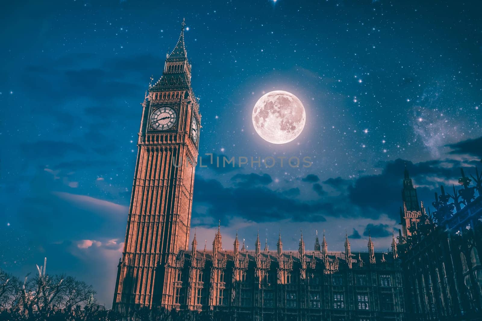 Close up of the clock face of Big Ben in Westminster at night, London, UK