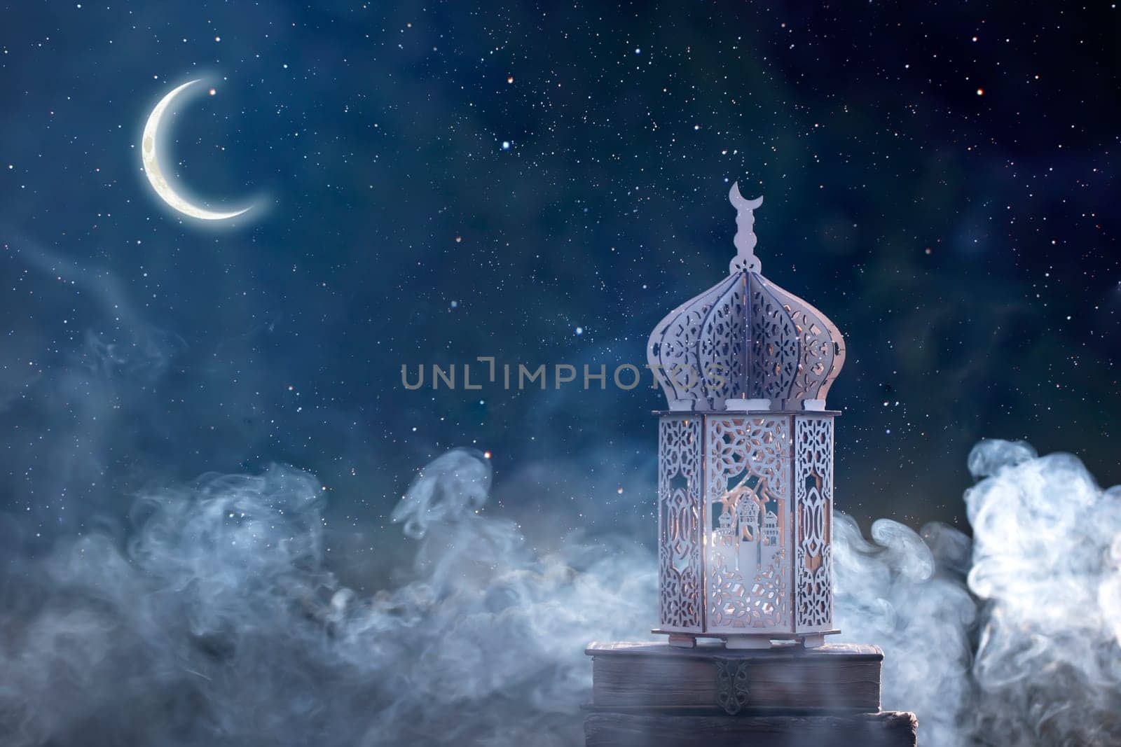 Arabic lantern with with Holy Quran and crescent moon. Festive greeting card for Muslim holy month Ramadan Kareem.
