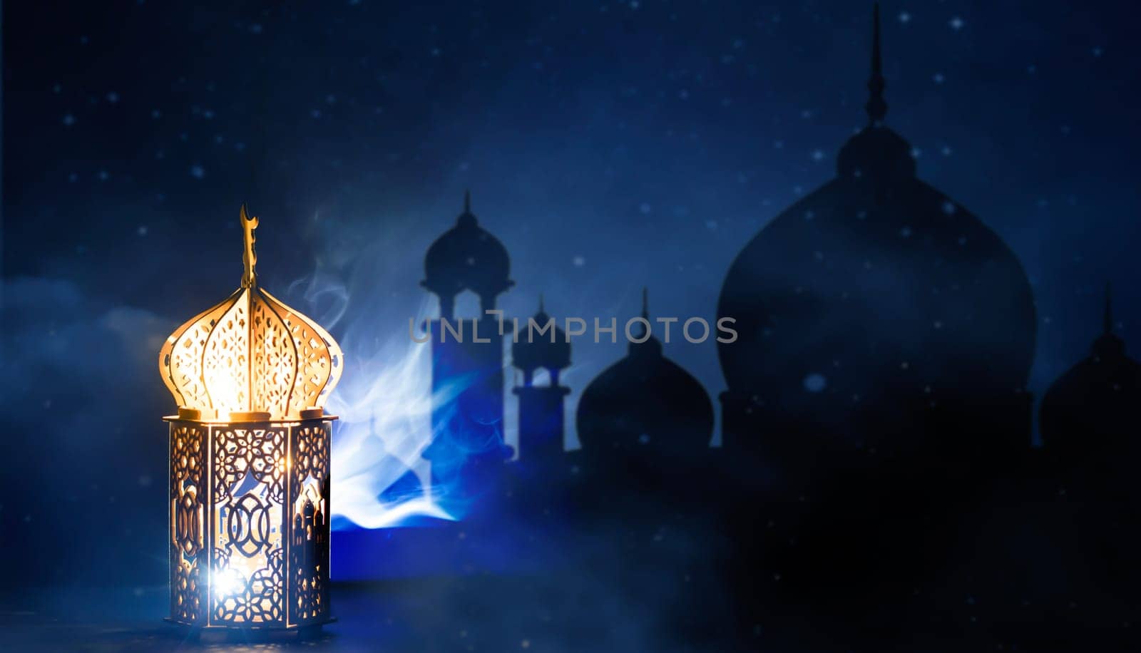 Ornamental Arabic lantern with crescent moon glowing at night. Festive greeting card for Muslim holy month Ramadan Kareem.