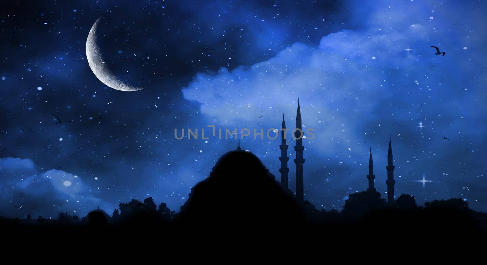 Ramadan Kareem background. Mosque silhouette in night sky with crescent moon and star