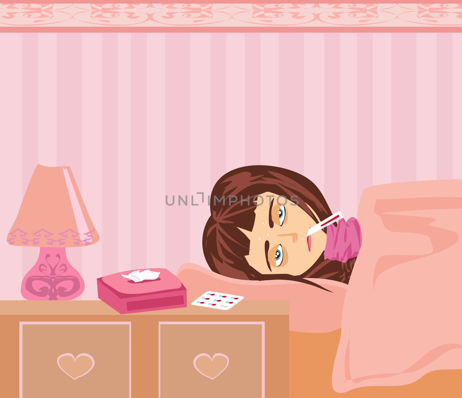 Illustration of a Sick Girl lying in bed