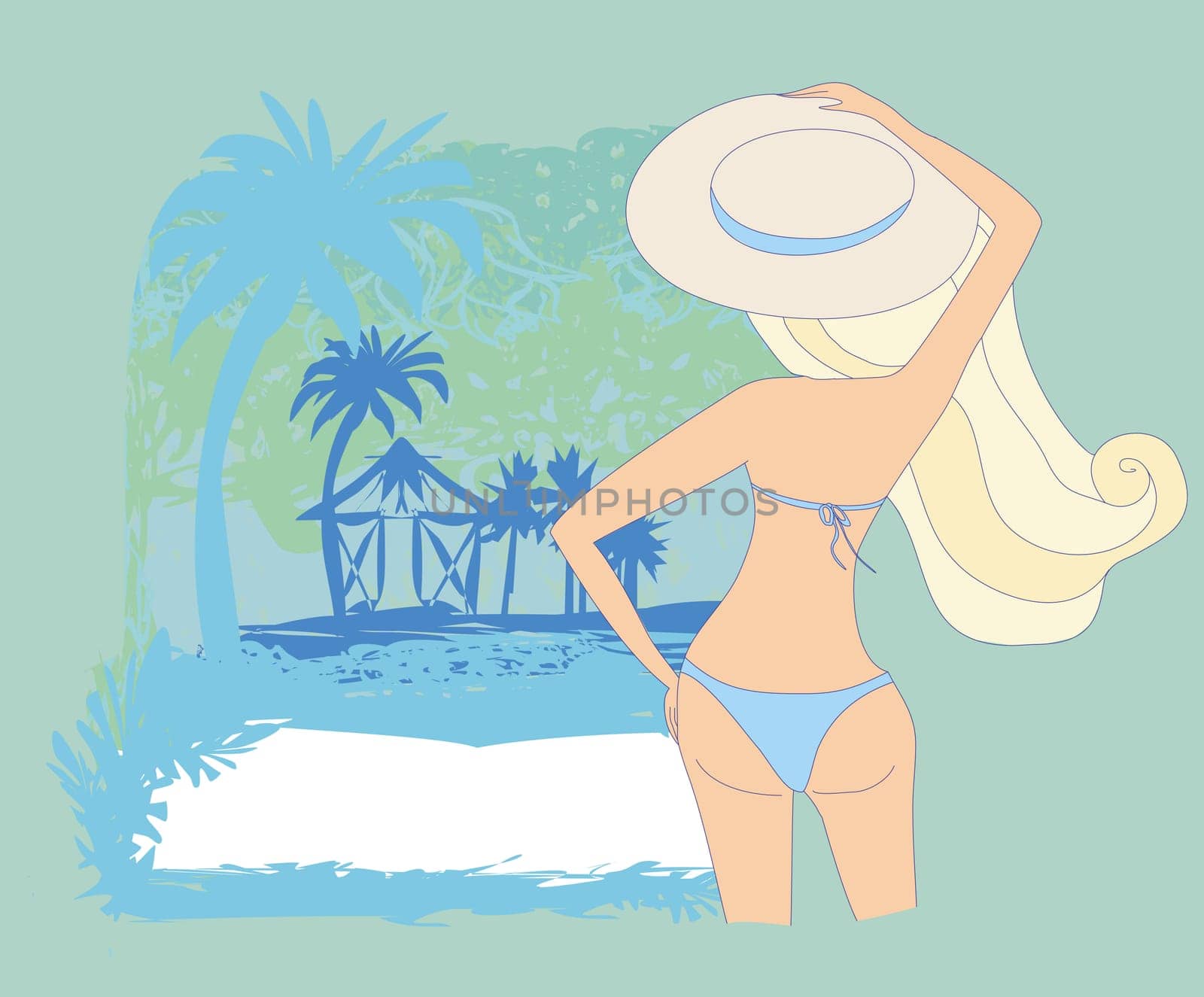 elegant woman on tropical vacation, card with space for your text