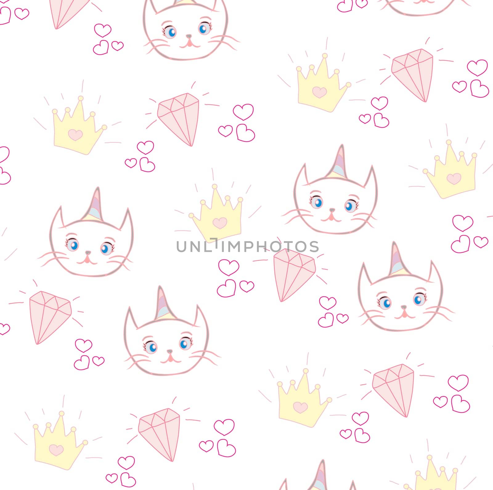 little cute white cat unicorn - seamless pattern