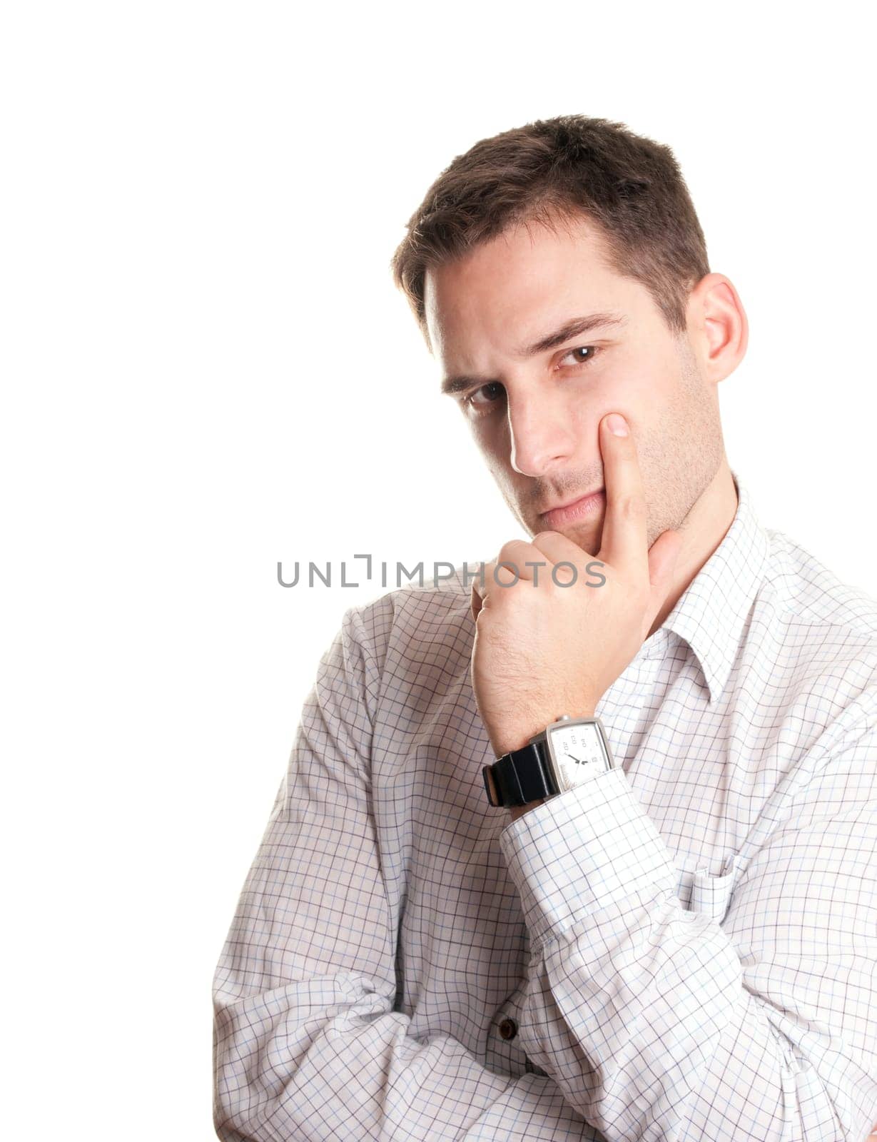 Young concerned businessman isolated over white