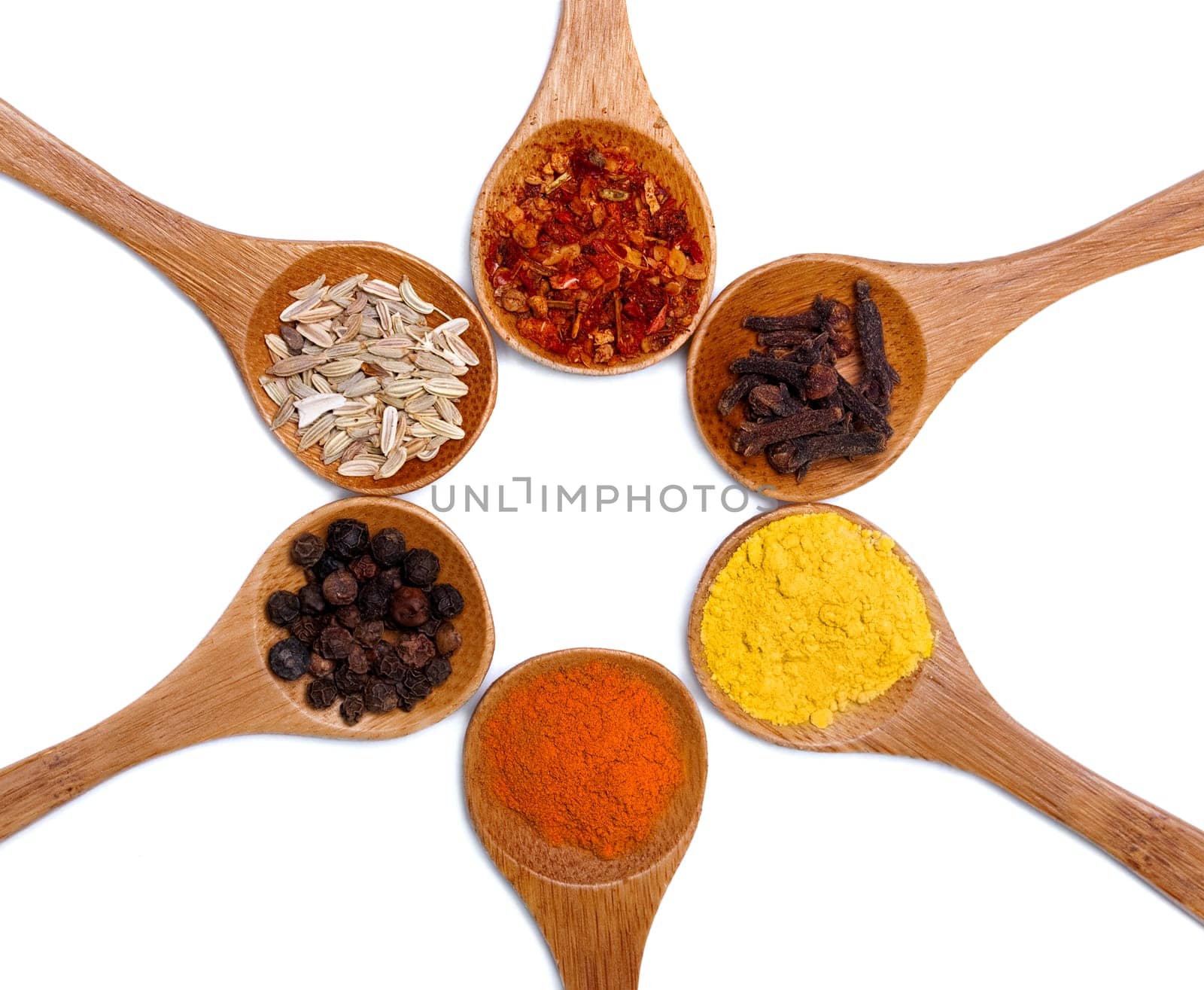 Various of spices in wooden spoon isolated over white