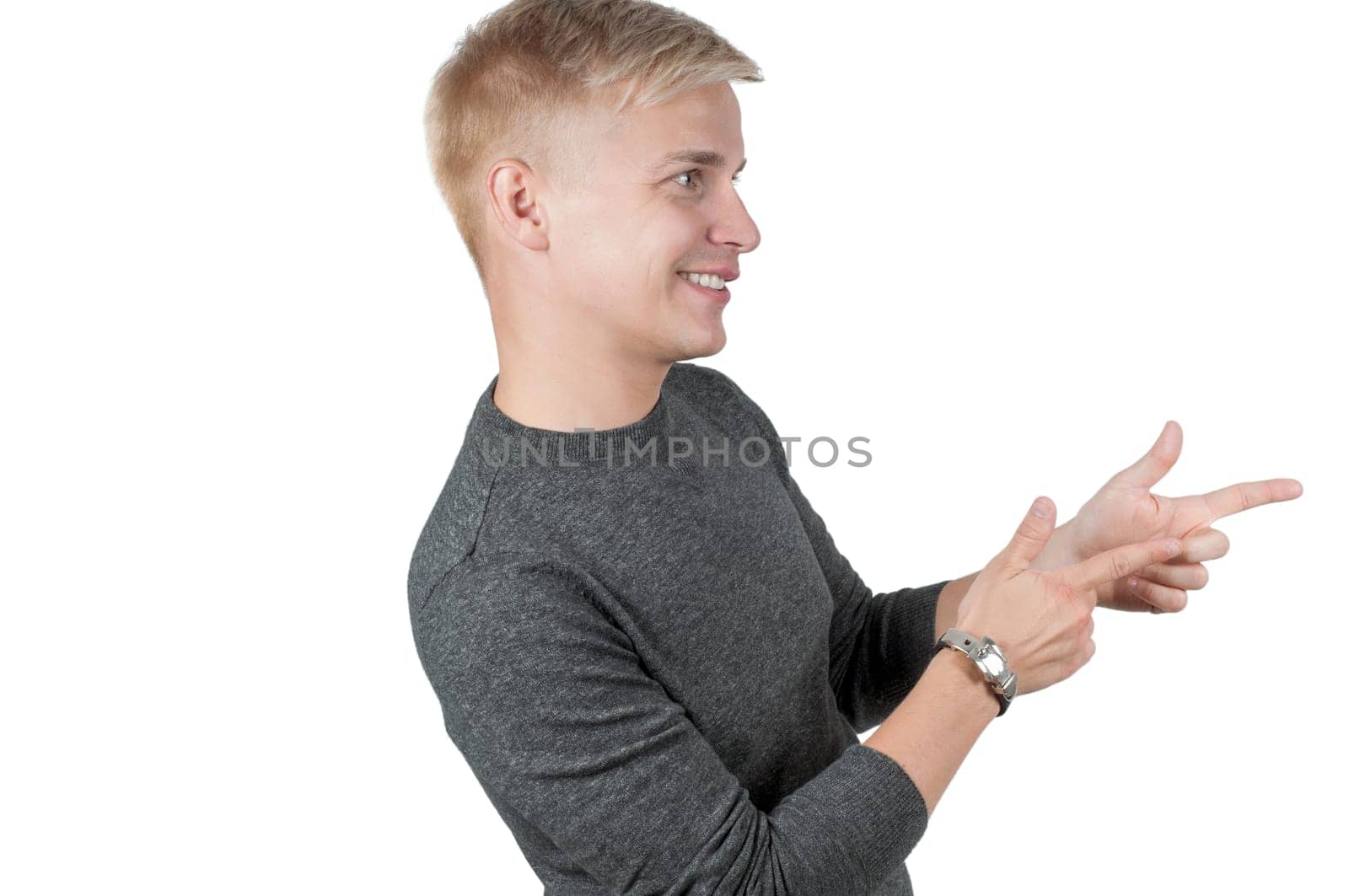 Shot of man in gray pointing with his fingers