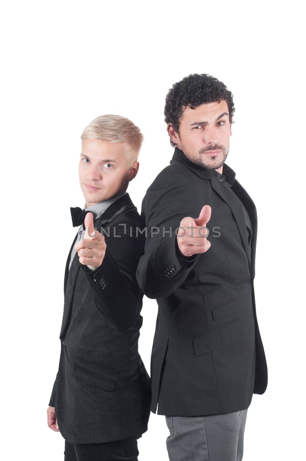 Two white men pointing with their fingers, isolated