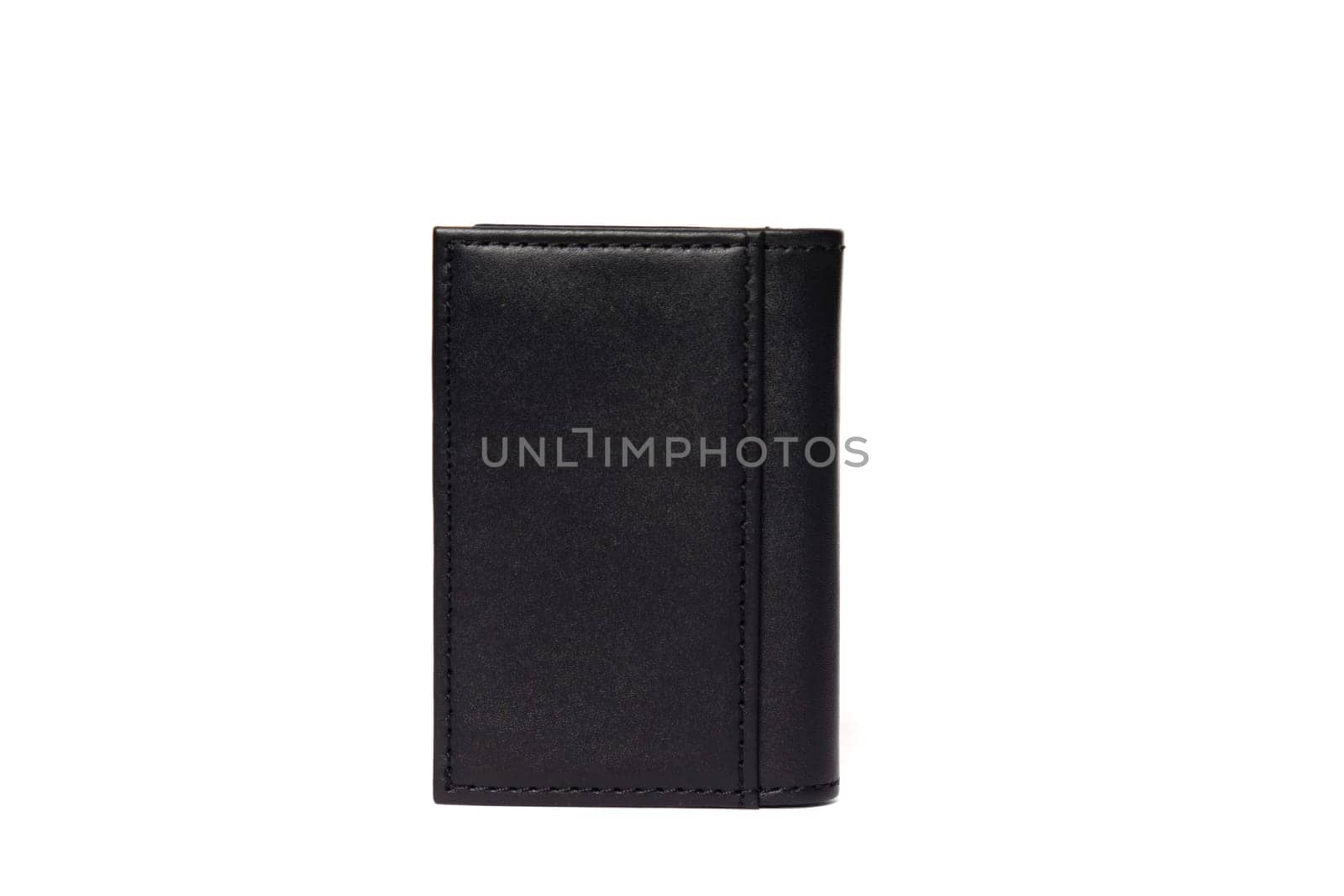 A black leather wallet stands upright, showcasing a minimalist design perfect for organizing cards and cash. The smooth texture highlights the quality of the leather.