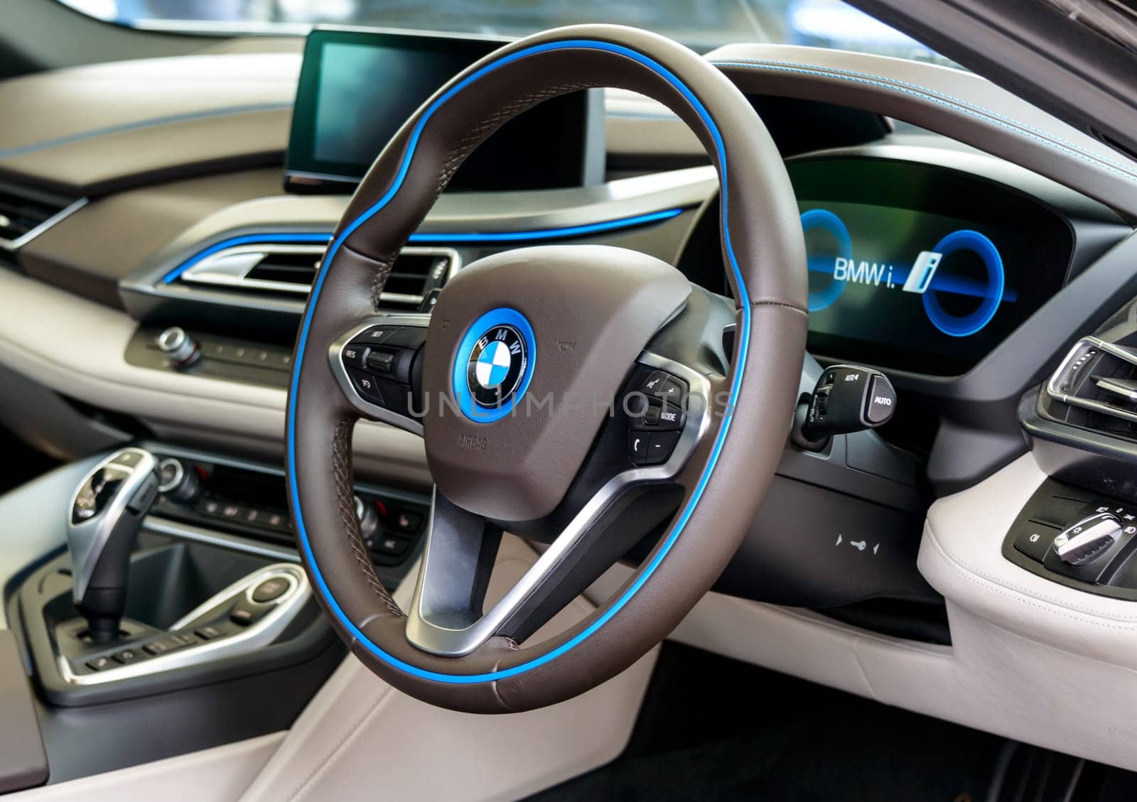 LONDON, UK - CIRCA JUNE 2014: BMW i8 dashboard. The BMW i8 is a plug-in hybrid sports car.